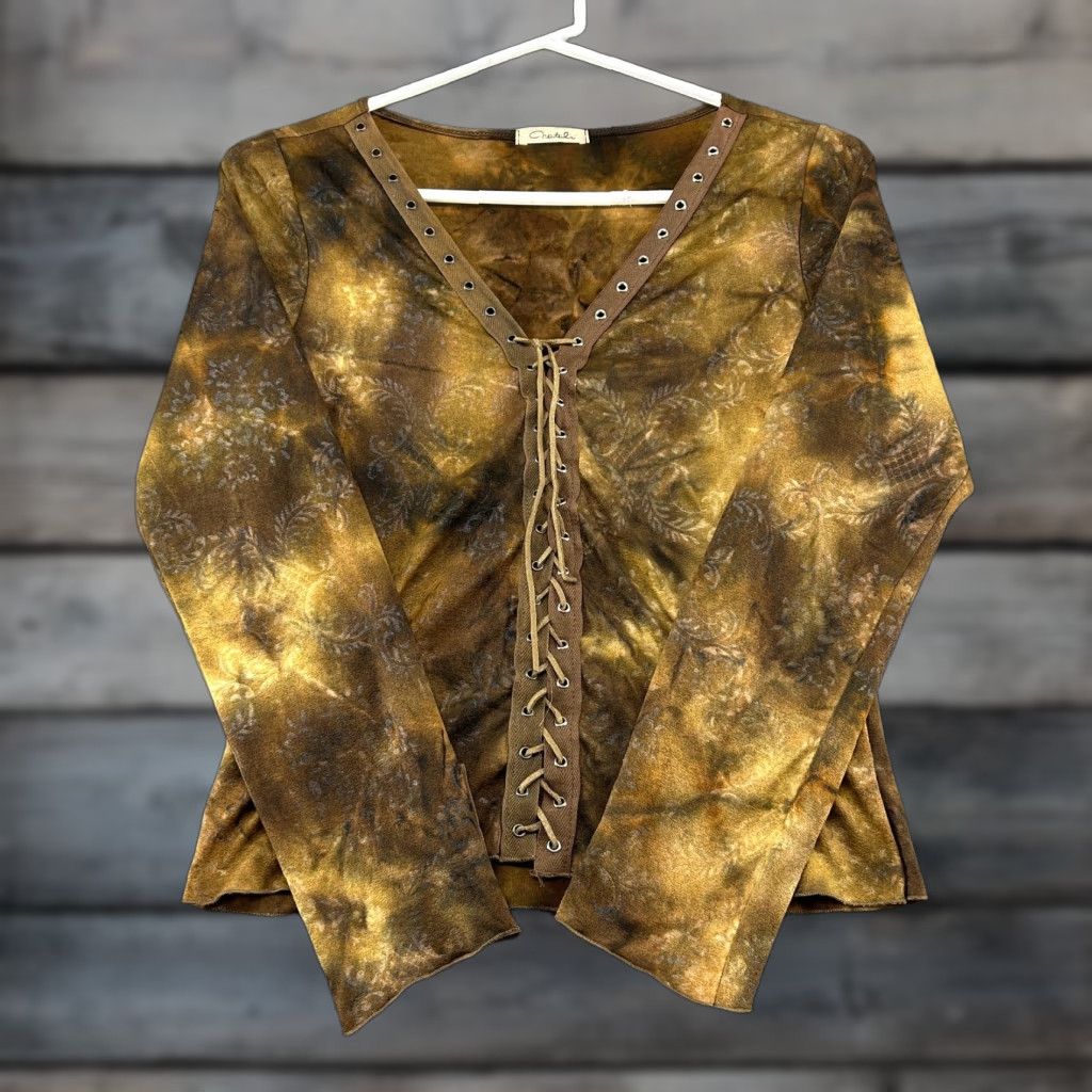 Catalina Natali Blouse Women L Brown USA Tie Dye Lace Up V-Neck Long Sleeve Grunge Fairy Size L / US 10 / IT 46 - 1 Thumbnail