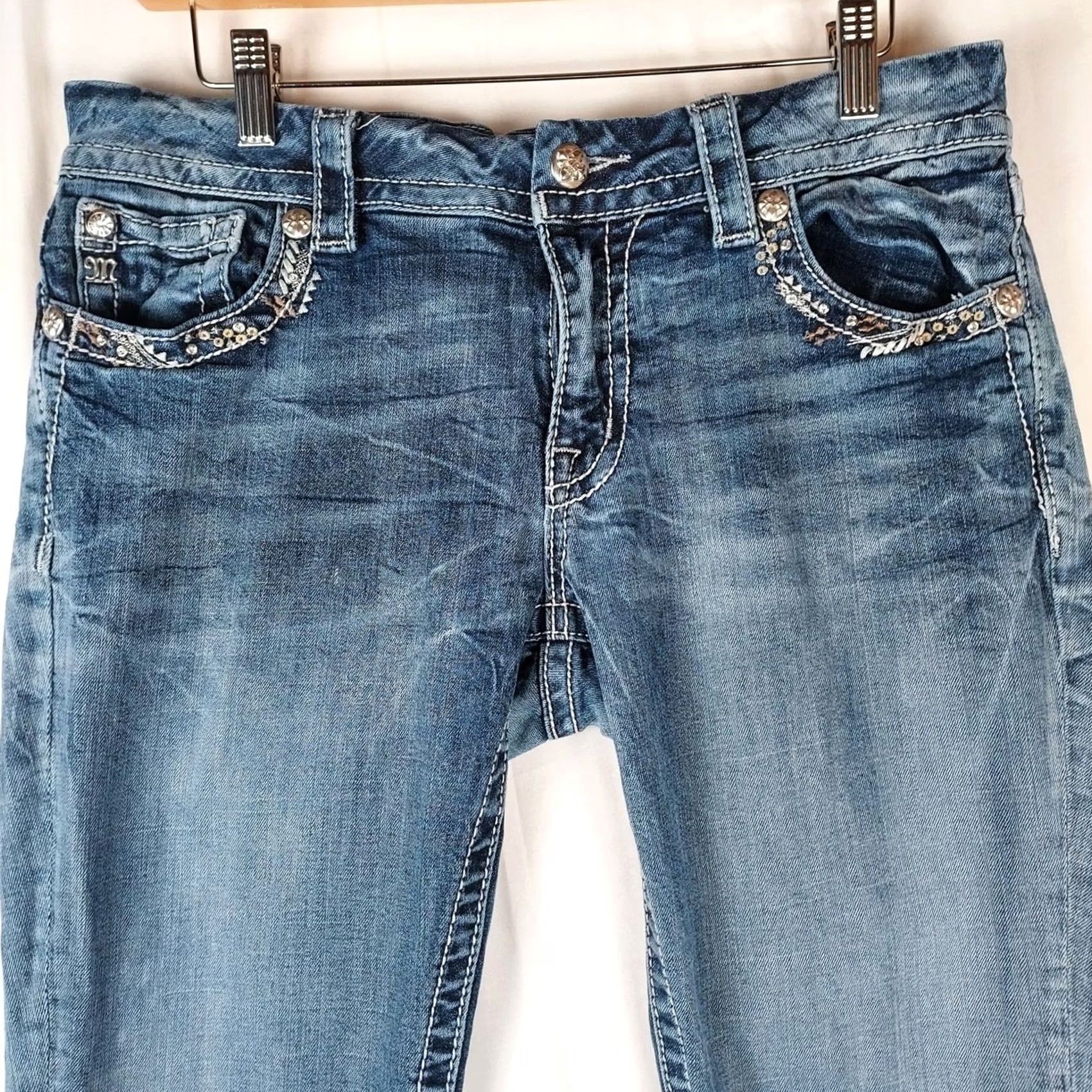 Miss Me Miss Me Easy Boot Mid Rise Bootcut Jeans 29 Women's Denim Blue Stretch Bling 5-Pocket Zip Slim Stability Size 29" - 3 Thumbnail