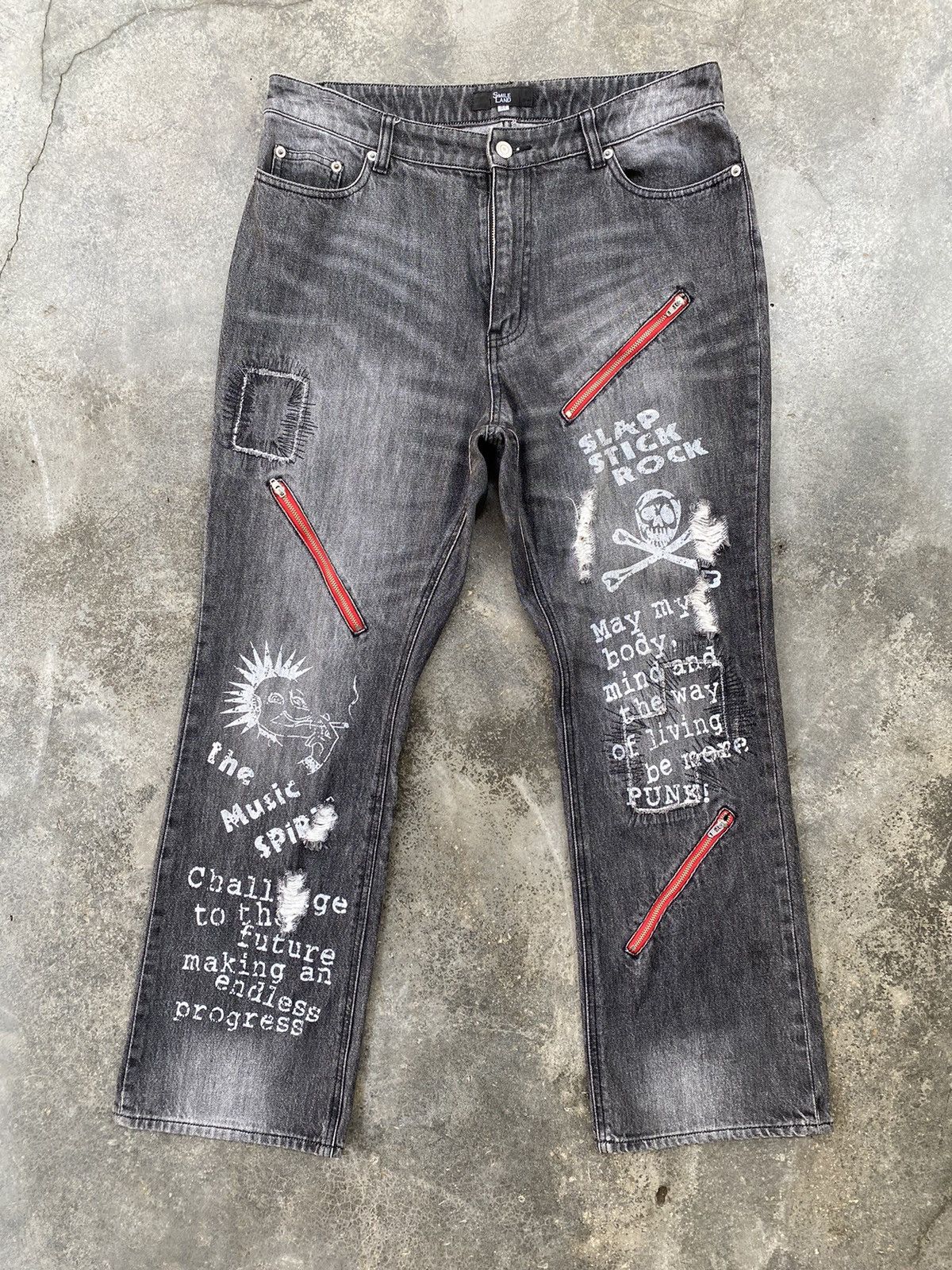 Vintage Smile Land Zipper Punk Distressed Denim Pants