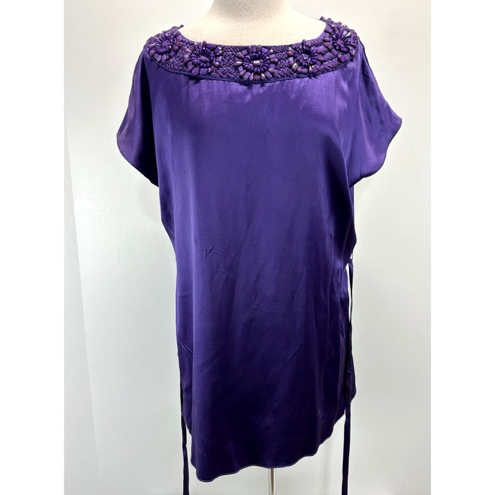 Alice + Olivia Alice + Olivia 100% Silk Mini Shift Dress Women’s XS Purple Beaded Neck Belted Size XS / US 0-2 / IT 36-38 - 5 Thumbnail