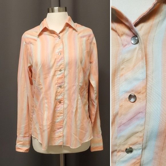 image of Vintage VTG 70's H Bar C Western Striped Pastel Rainbow Button Down, Men's (Size Small)