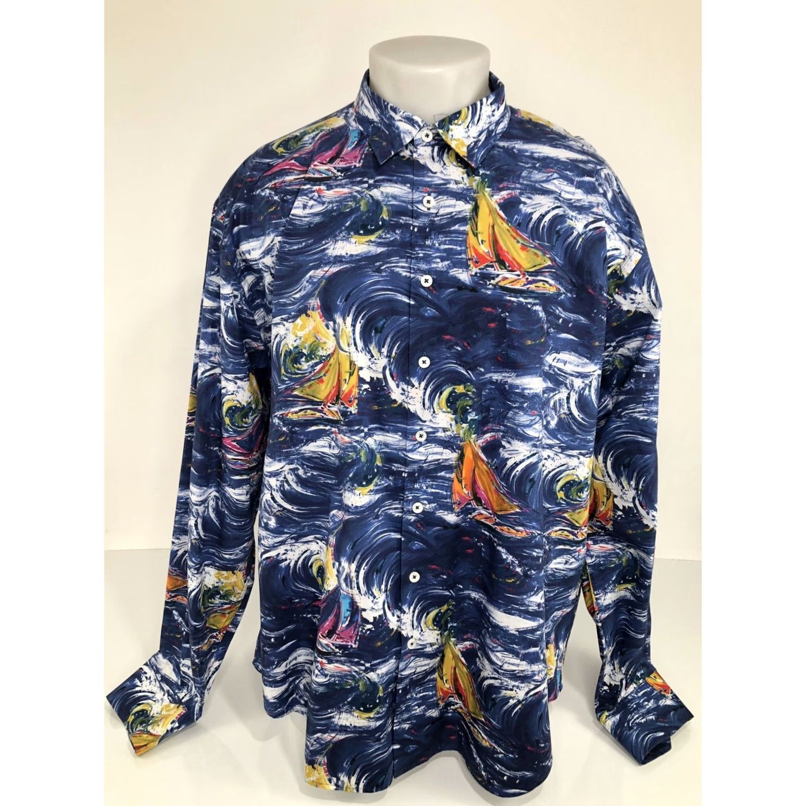 BUGATCHI BUGATCHI Shirt 2XL Navy Blue Sailboat Ocean Storm Theme Nautical Button-Up Mens Long Sleeve Size US XXL / EU 58 / 5 - 2 Thumbnail