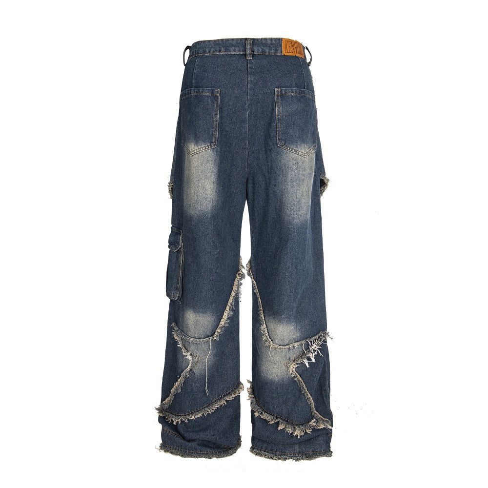 Japanese Brand × Jean Men's raw edge distressed washed loose star patch jeans Size US 34 / EU 50 - 2 Thumbnail