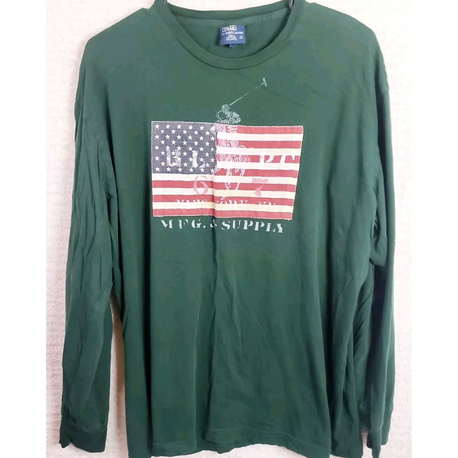 Polo Ralph Lauren VINTAGE Polo Ralph Lauren T-Shirt LONG SLEEVE Crewneck Sewn American Flag Green Size L Mens Size US L / EU 52-54 / 3 - 2 Thumbnail