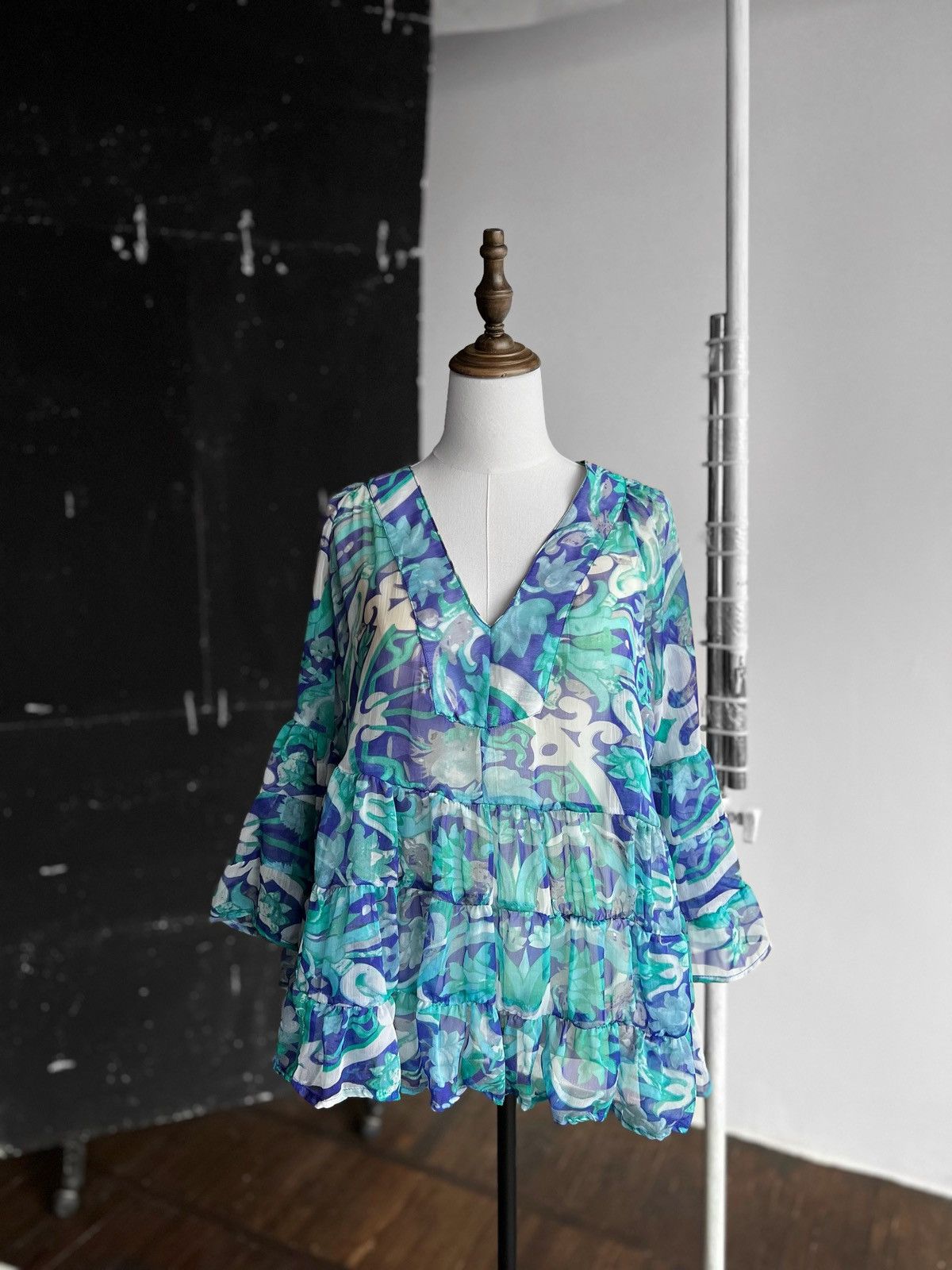 Designer Antica Sartoria by Giacomo Cinque Blue 3/4 Sleeve Blouse Top Size ONE SIZE - 1 Thumbnail