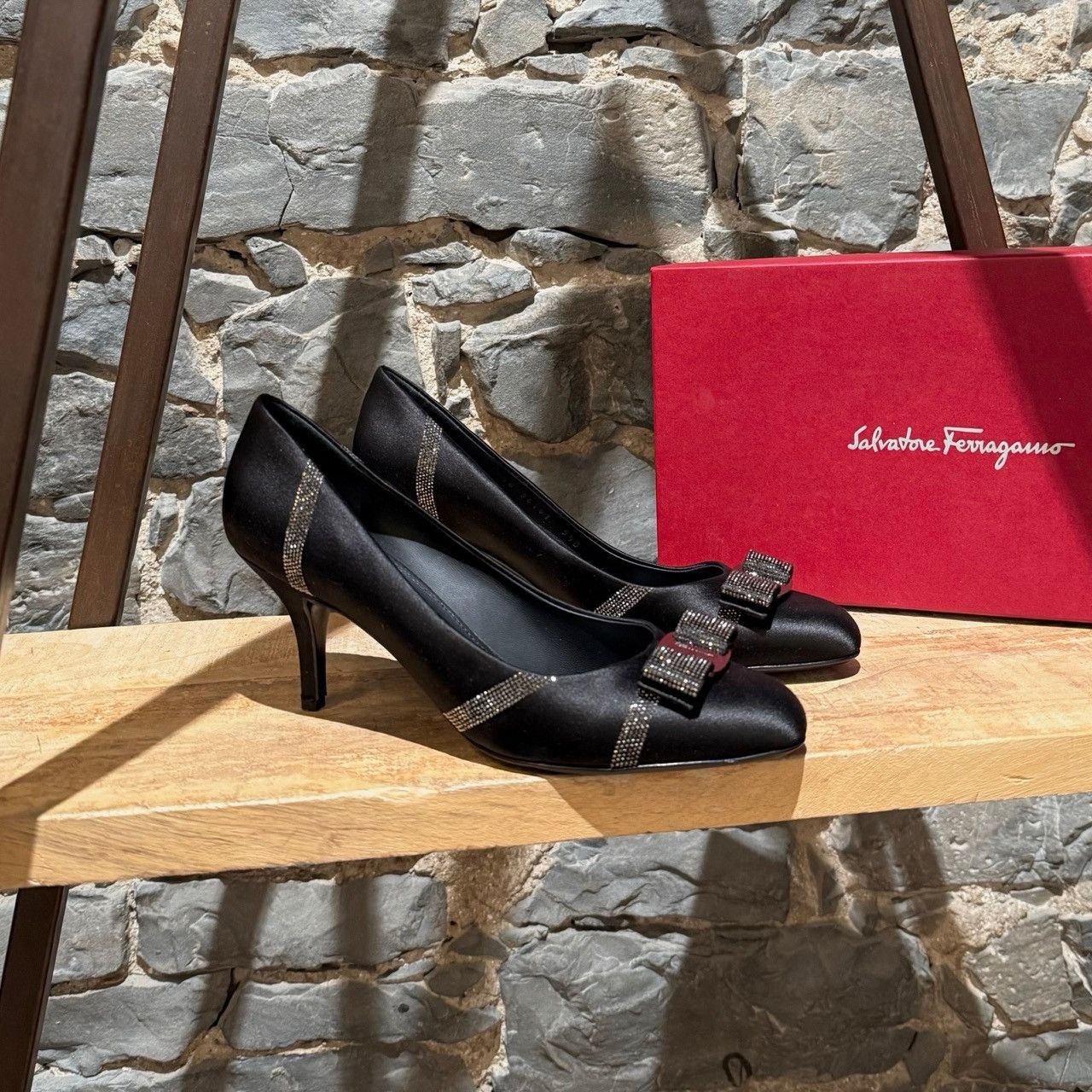Salvatore Ferragamo Salvatore Ferragamo Black Satin Crystal Embellished Pumps Size US 9.5 / IT 39.5 - 1 Thumbnail