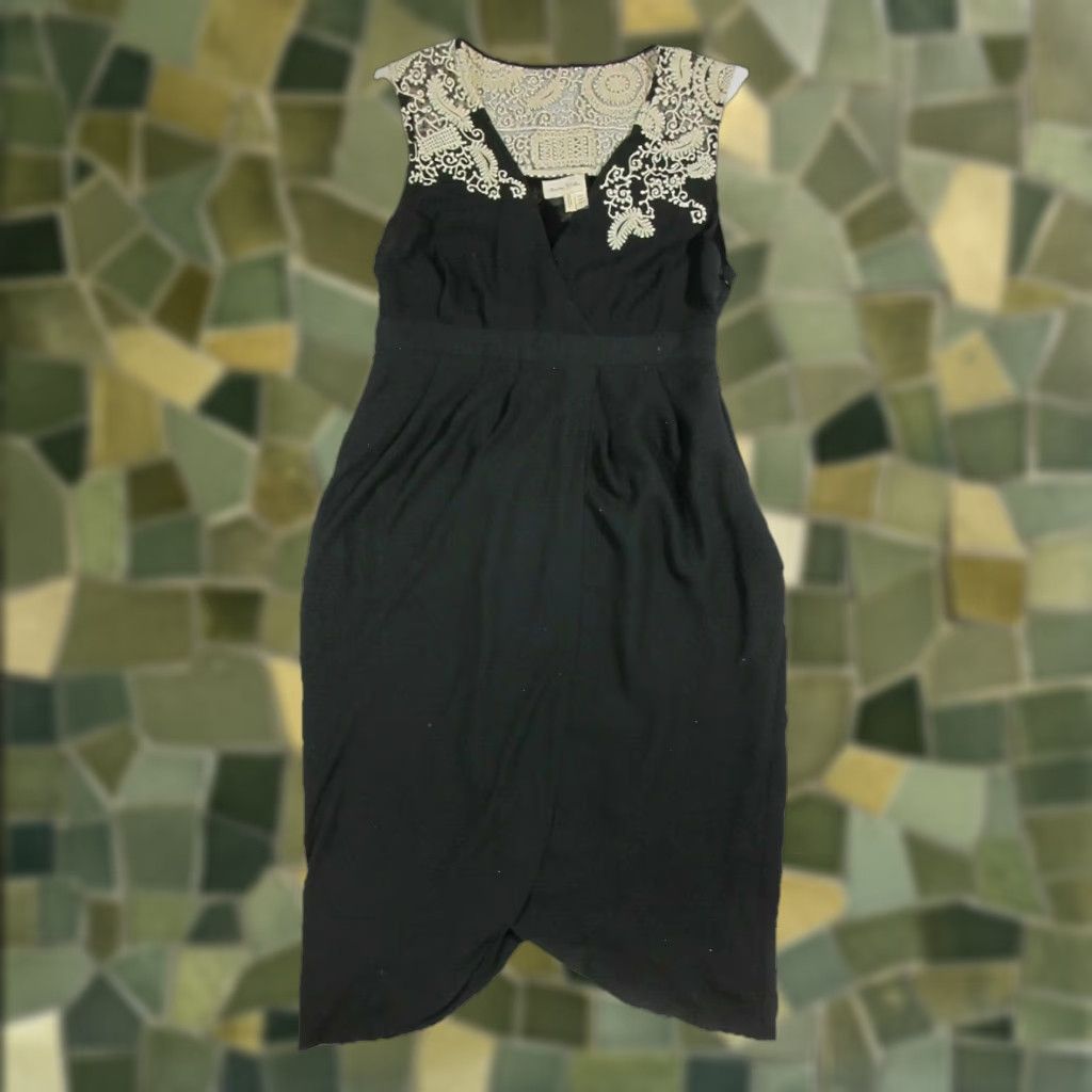 Vintage Meadow Rue Anthropologie Black Ivory Embroidered Silky V-Neck Dress Women 2/S Size XS / US 0-2 / IT 36-38 - 1 Thumbnail