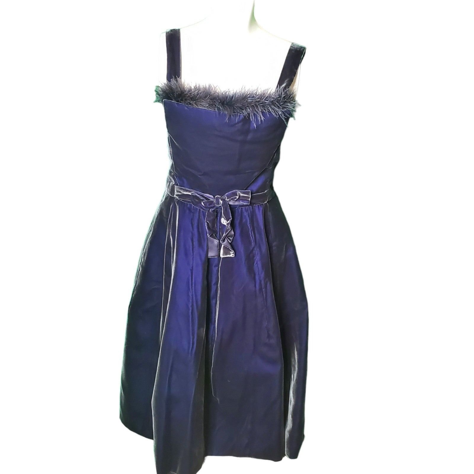 image of Luisa Beccaria Velvet Feather Retro Mod Party Dress A-Line F in Blue Green, Women's (Size Small)