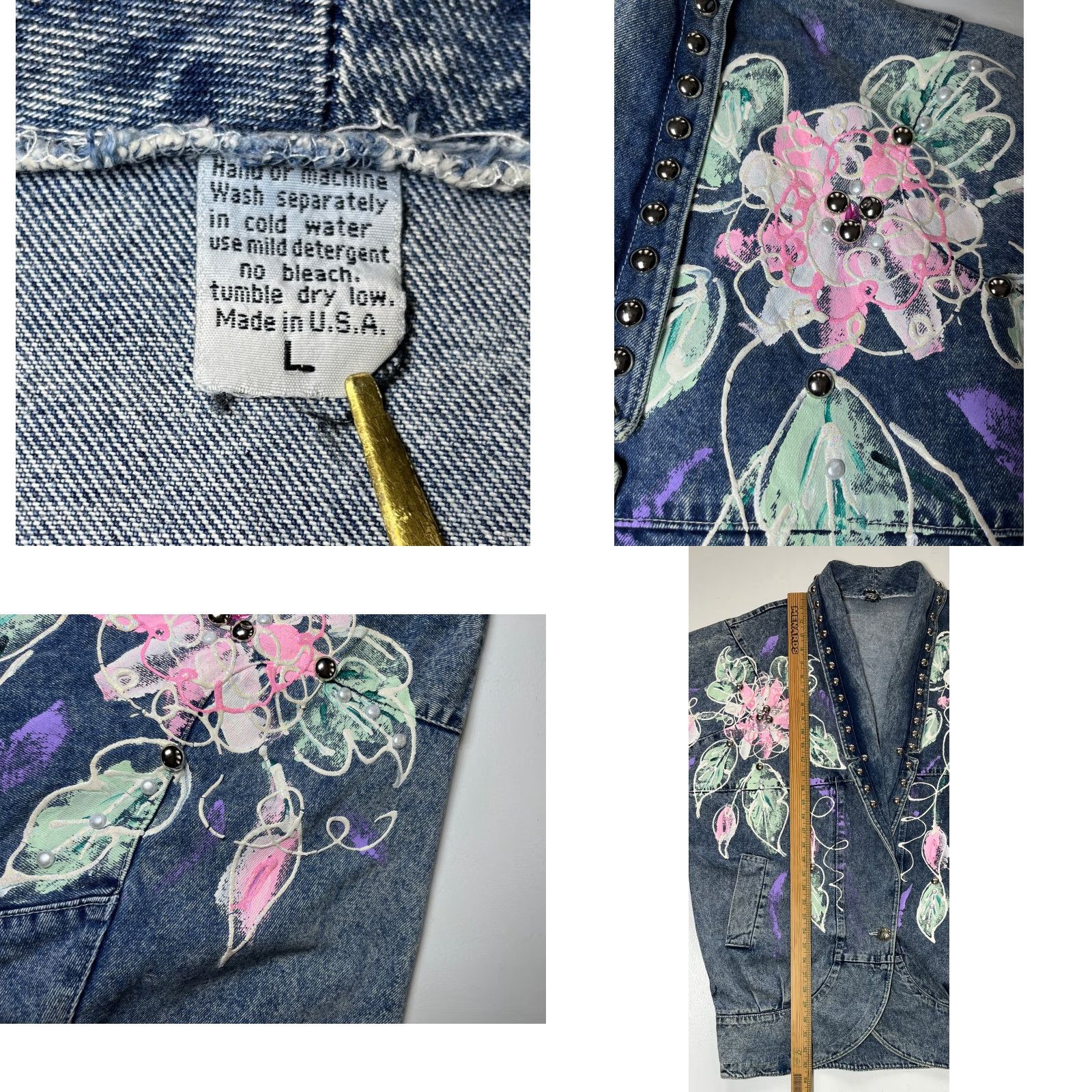 Denime VINTAGE Women's Denim Jacket Americana 80s Floral Blue Size L Jacket Womens 80s Americana Floral Denim Pockets Size L / US 10 / IT 46 - 9 Thumbnail
