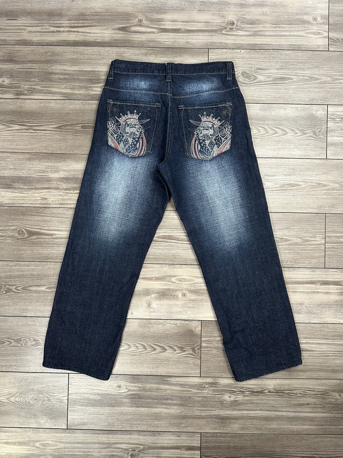 JNCO Crazy Vintage Y2K Avirex Embroidered Baggy Denim Jeans Size US 35 - 1 Thumbnail