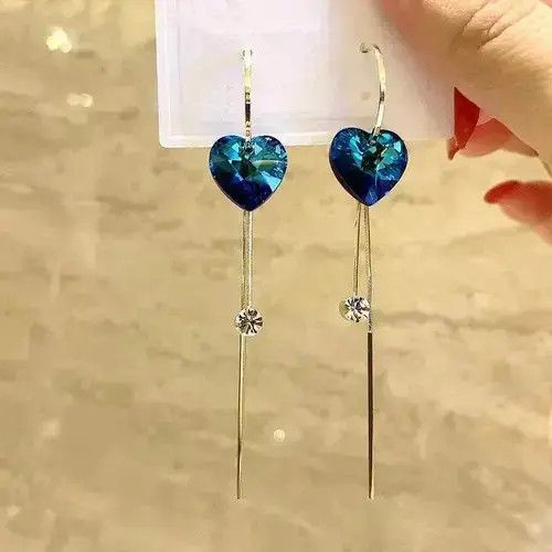 Japanese Brand Women's Blue Crystal Love Heart Tassel Dangle Drop Earrings Size ONE SIZE - 2 Thumbnail