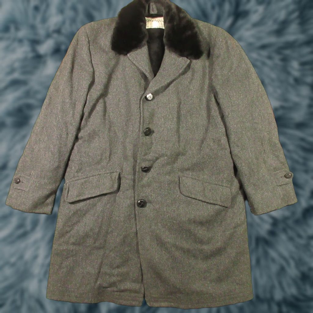 Vintage VINTAGE Stratojac Coat Overcoat Wool Gray Tweed Fur Trim Button 40 Long Mens Classic Fall Winter 44 in Chest Retro Barons Mens Size US XXS / EU 40 - 1 Thumbnail