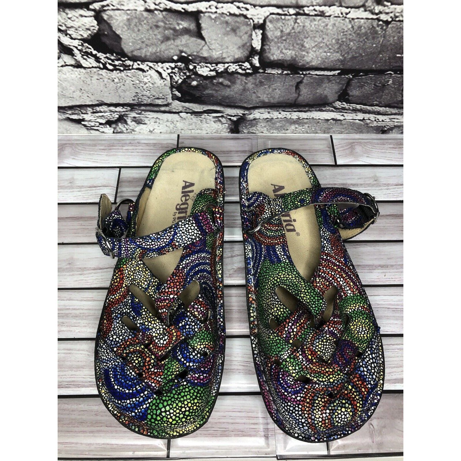 Allegri Alegria Fre-387 Rainbow Mosaic Leather Strap Clogs Shoes Wom Size US 5 / IT 35 - 11 Thumbnail
