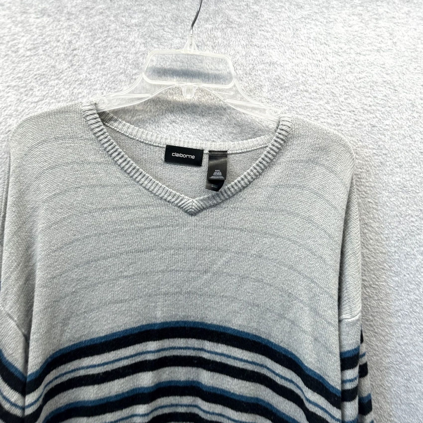 Liz Claiborne Claiborne Sweater Mens 2XL Gray Striped Silk Wool V-Neck 90s Knit Pullover Vintage​ Size US XXL / EU 58 / 5 - 2 Thumbnail