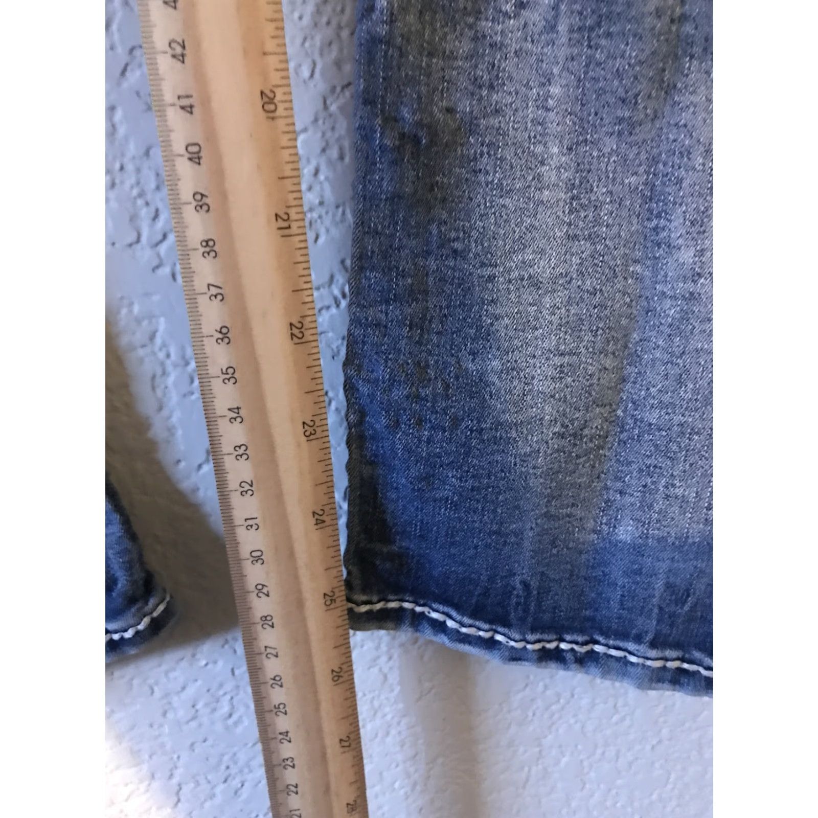 Vintage Rock Revival Jeans Womens 29 Blue Skinny Mid Rise Distressed Embroidered Rhinestone 5-Pocket Denim Leather Rockabilly Biker Metal Size 29" - 4 Thumbnail