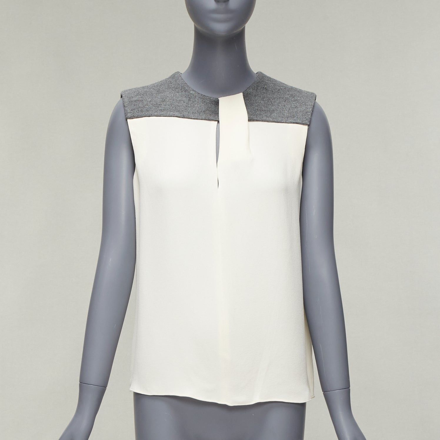 Balenciaga BALENCIAGA Silk 2014 cream silk crepe grey knitted yoke cut out blouse FR38 M Size M / US 6-8 / IT 42-44 - 1 Thumbnail