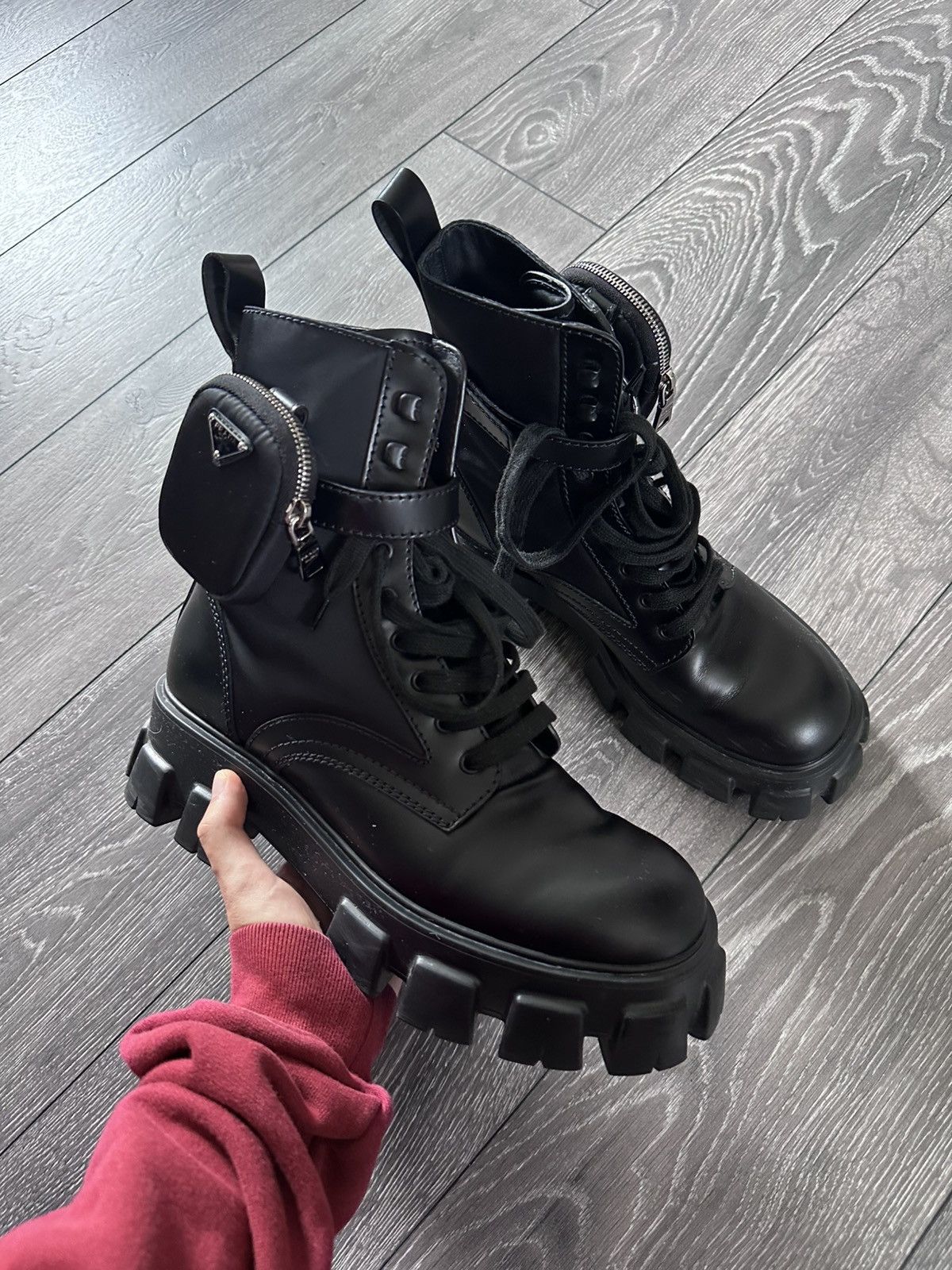 Lug Sole Prada Combat Boots With Bag Prada Monolith Pouch Combat Boots In  Black