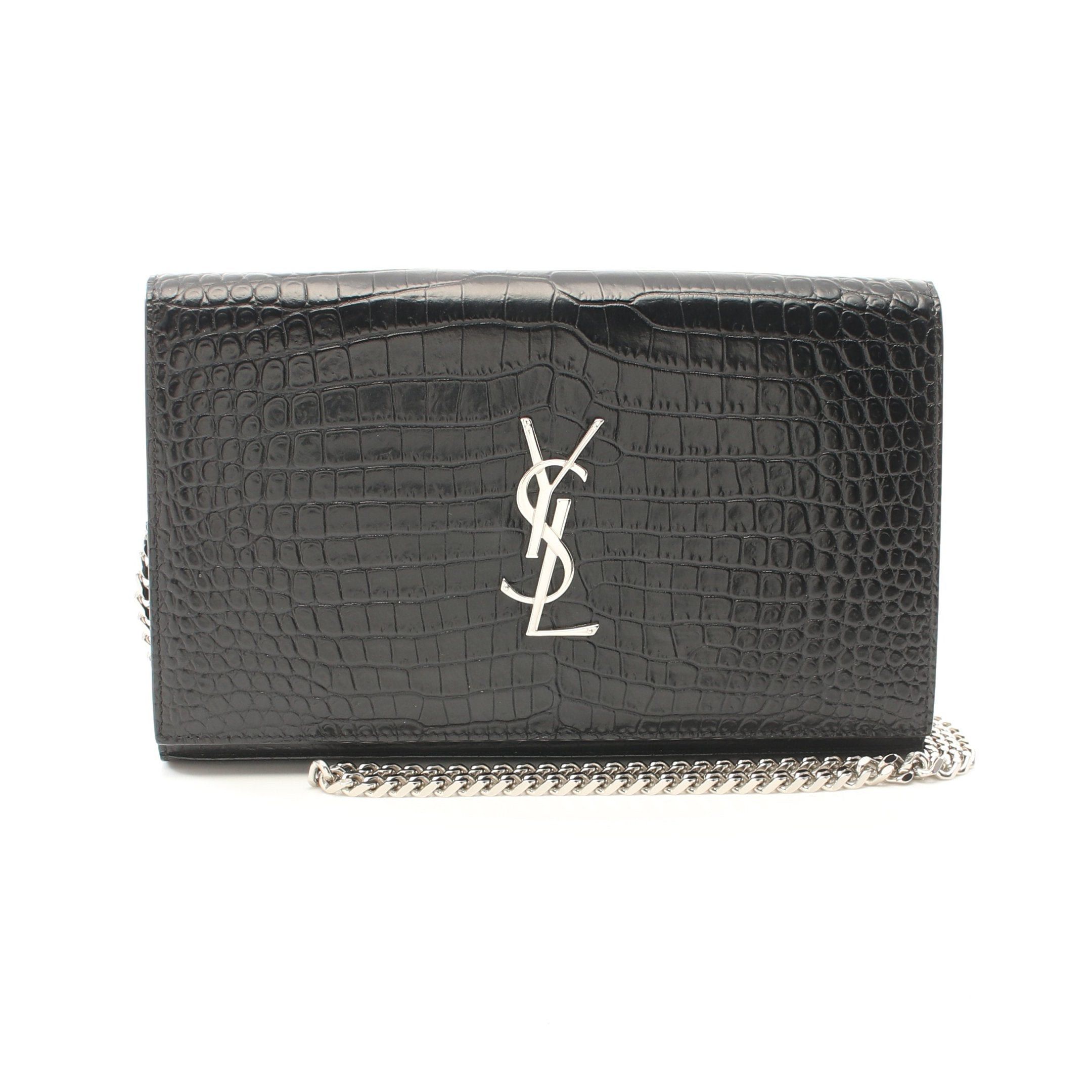 Yves Saint Laurent Yves Saint Laurent Ysl Line Monogram Chain Wallet Croc Embossed Leather Black Size ONE SIZE - 1 Thumbnail