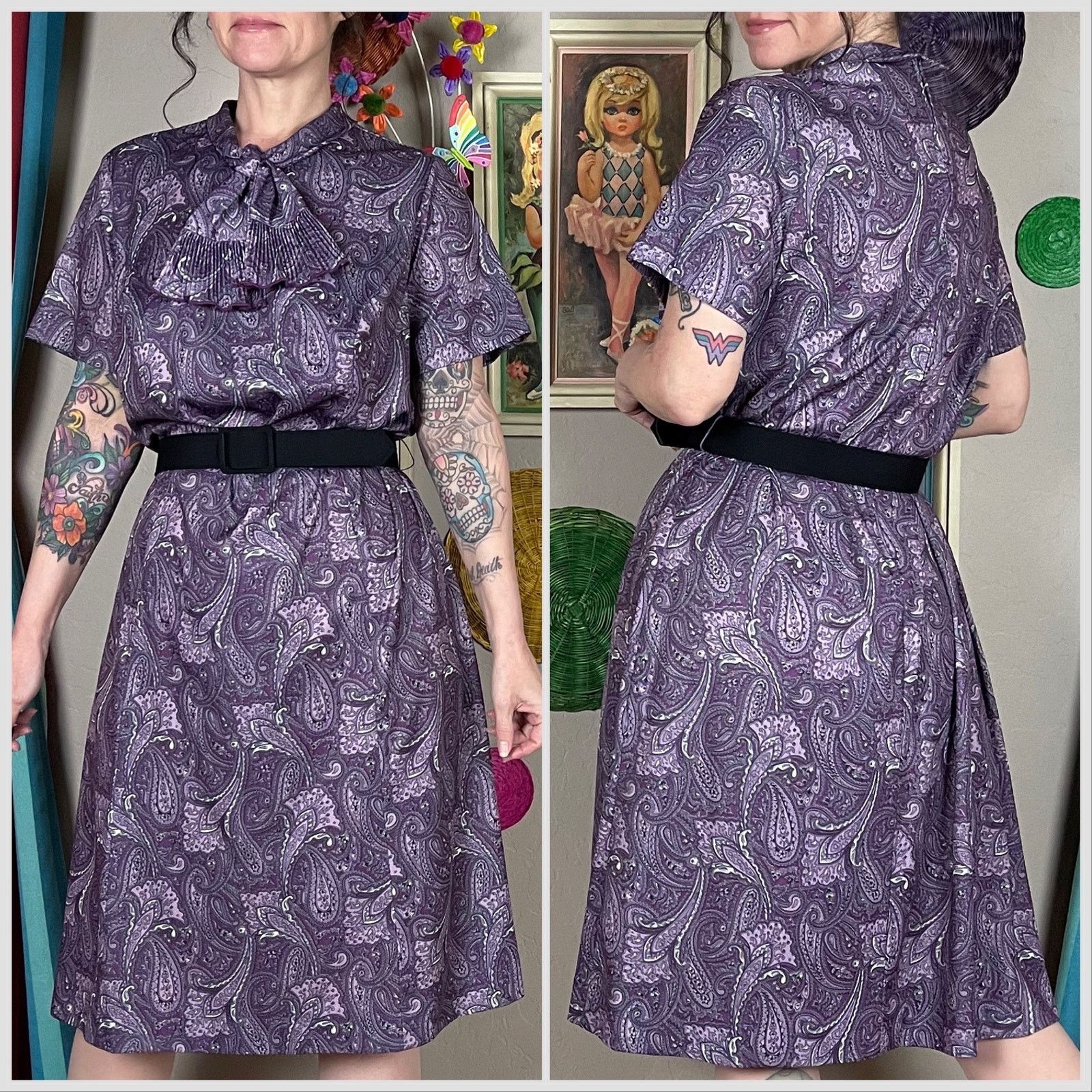 Vintage 1970s Purple Paisley Tie Neck Short Sleeve Shift Dress Size M / US 6-8 / IT 42-44 - 3 Thumbnail