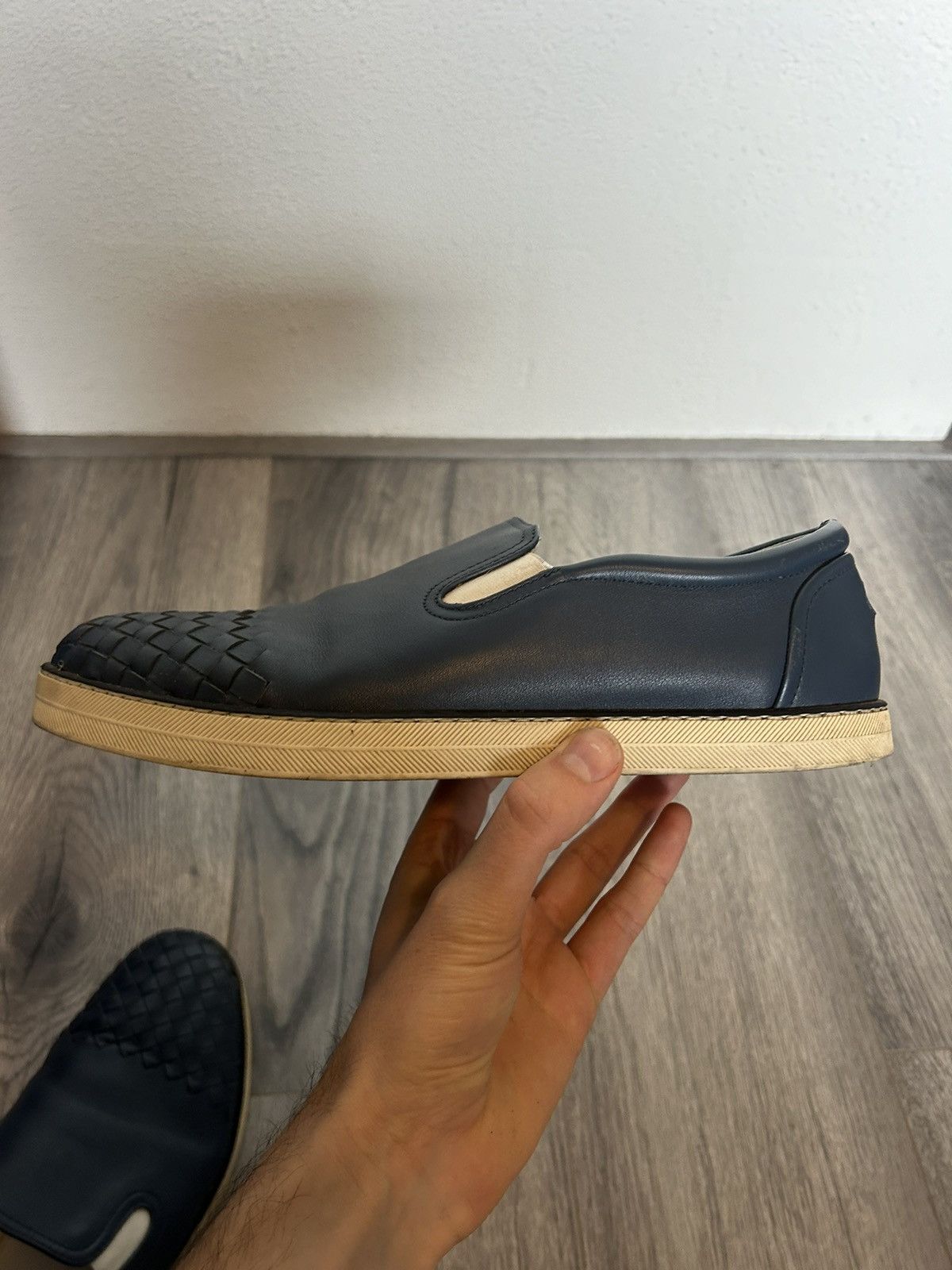 Bottega Veneta Blue Leather Slip-On Shoes with Intrecciato Detail - 41.5 Size US 8.5 / EU 41-42 - 15 Thumbnail