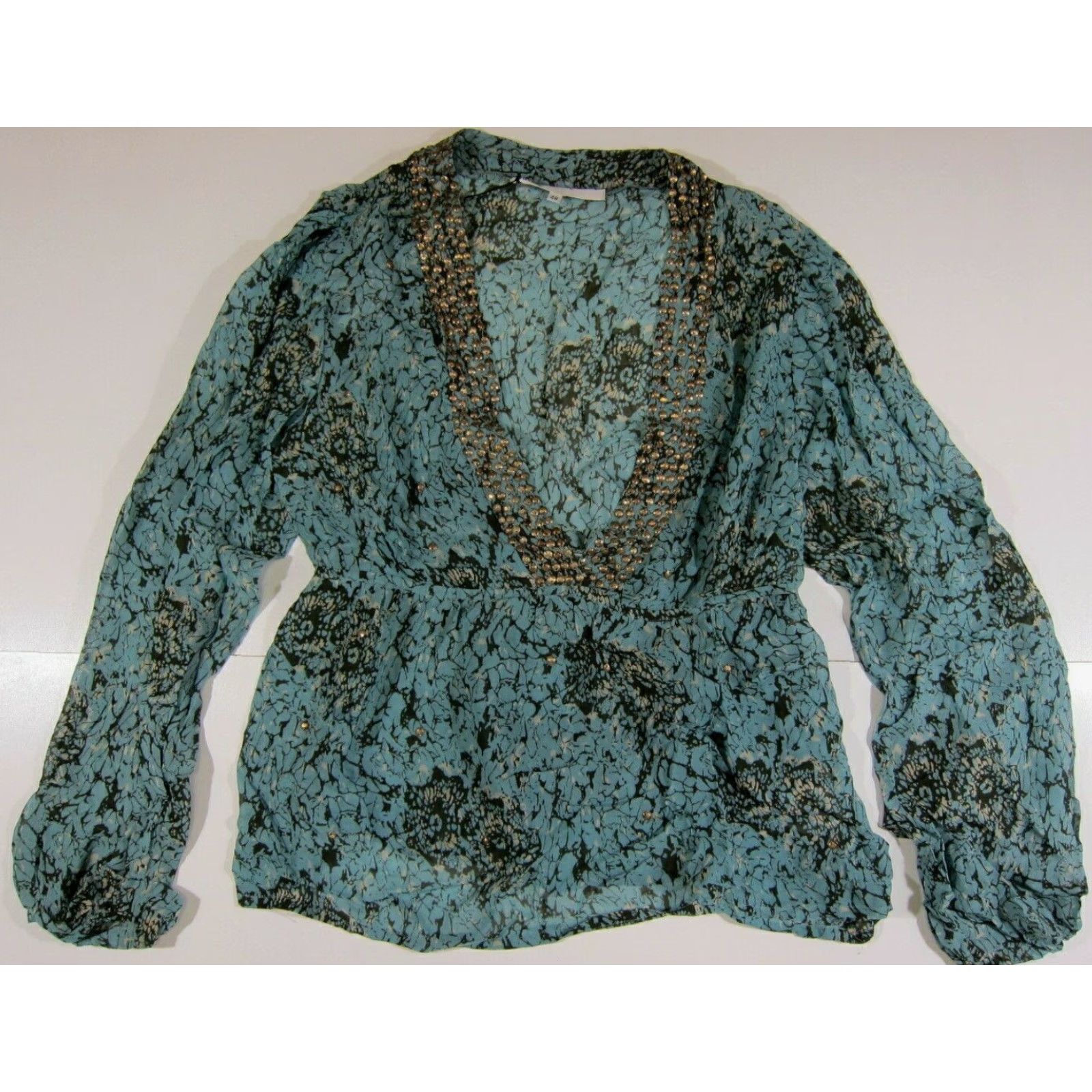 Vintage NWT Fairly 100% Rayon Blue Green Gold Studded Beaded Blouse Women Size L/48 Size L / US 10 / IT 46 - 6 Thumbnail