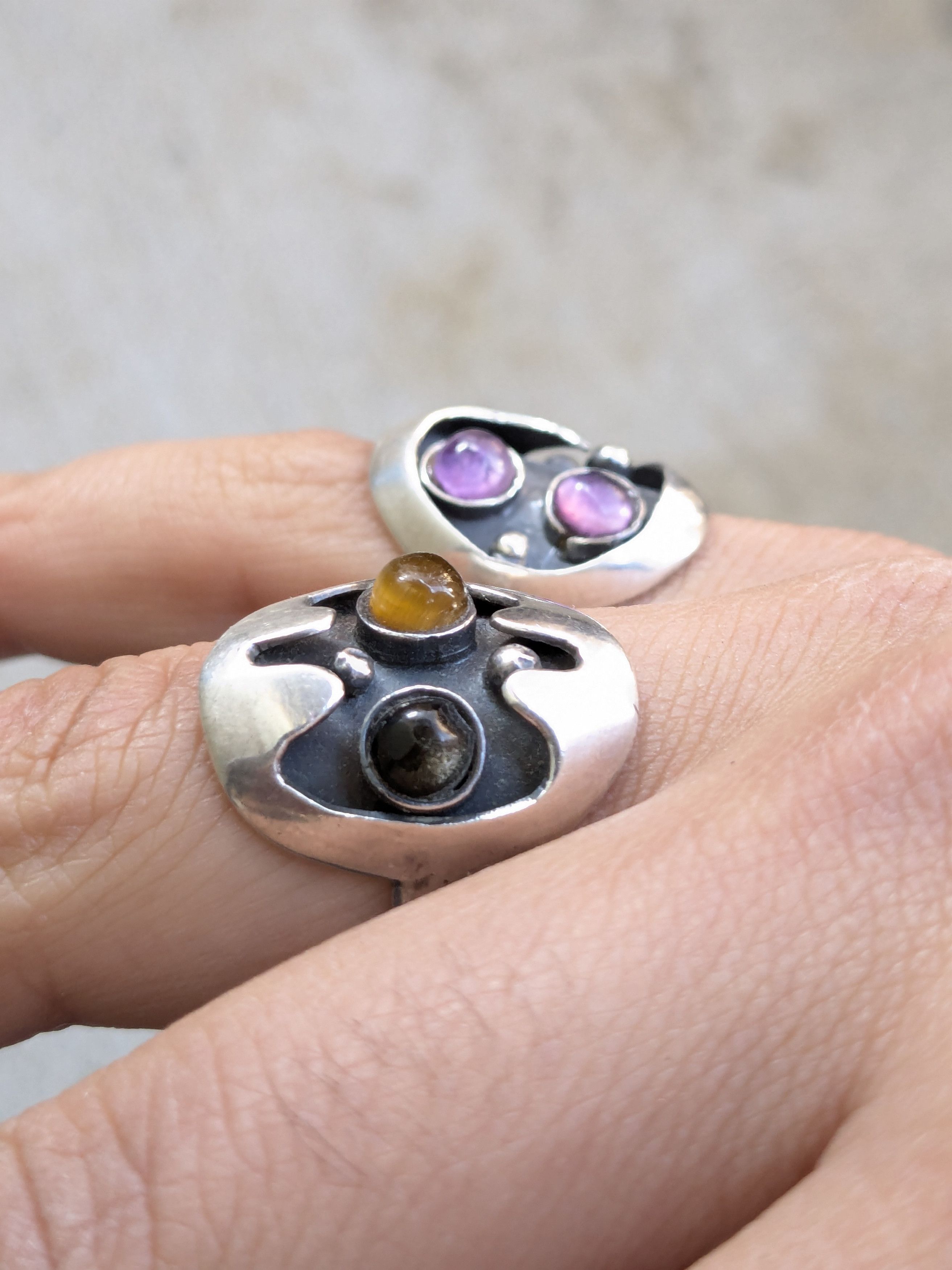 Jewelry Vintage Taxco Sterling Silver Rings Amethyst Tiger Eye Size ONE SIZE - 10 Thumbnail