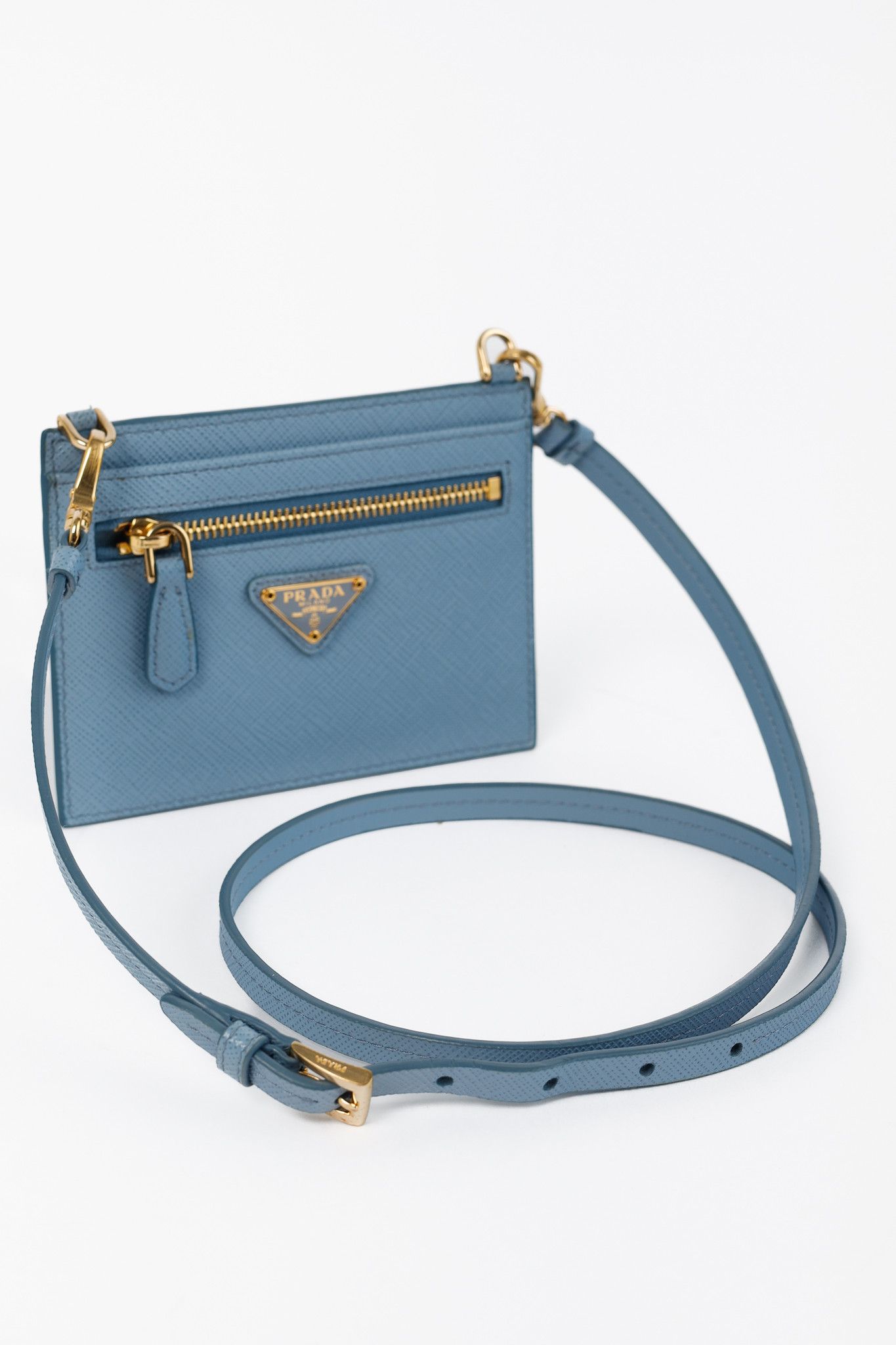 Prada Blue Saffiano Leather Shoulder-Strap Card Holder