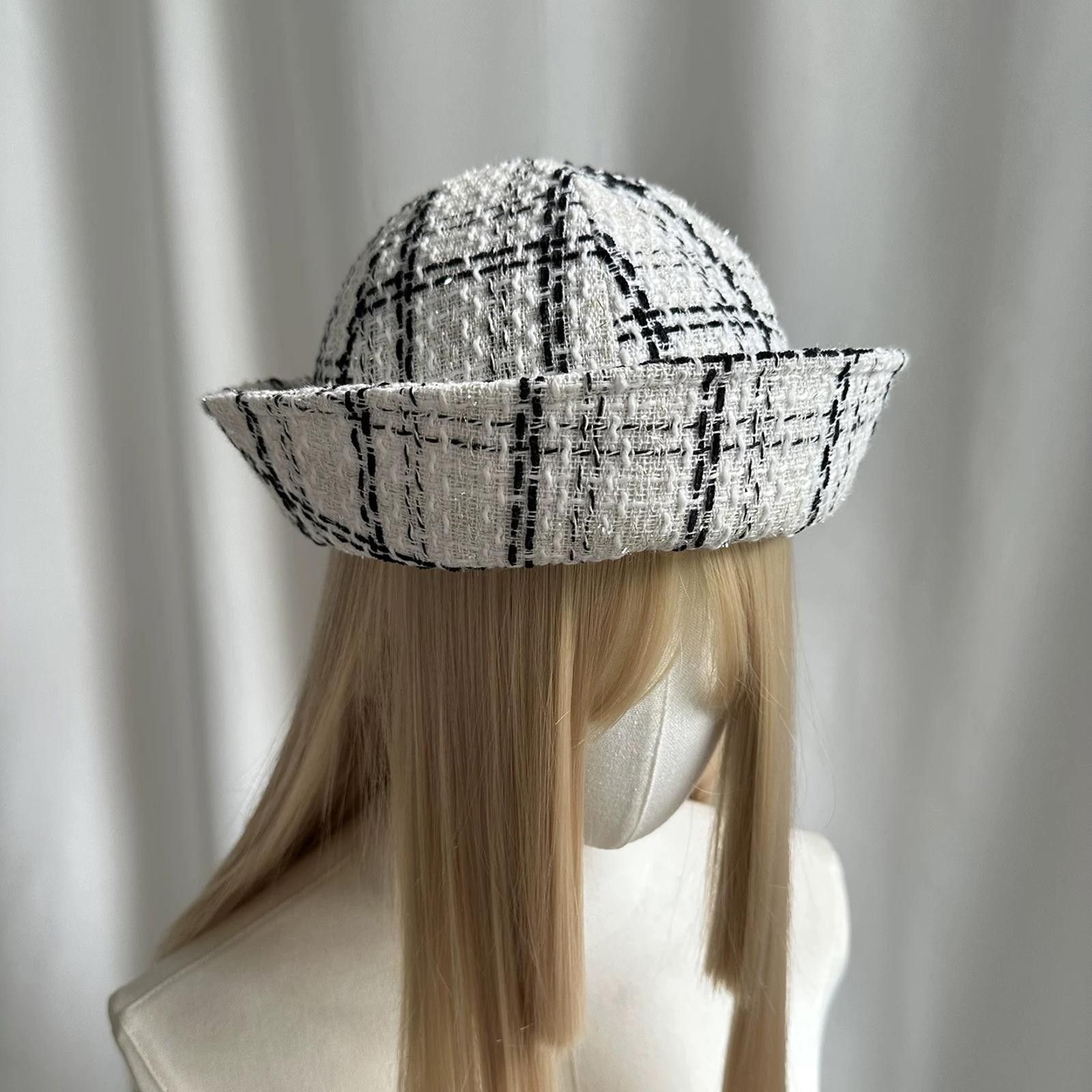 Japanese Brand Black & White Plaid Tweed Beret Sailor Hat Y2K French Girl Size ONE SIZE - 3 Thumbnail
