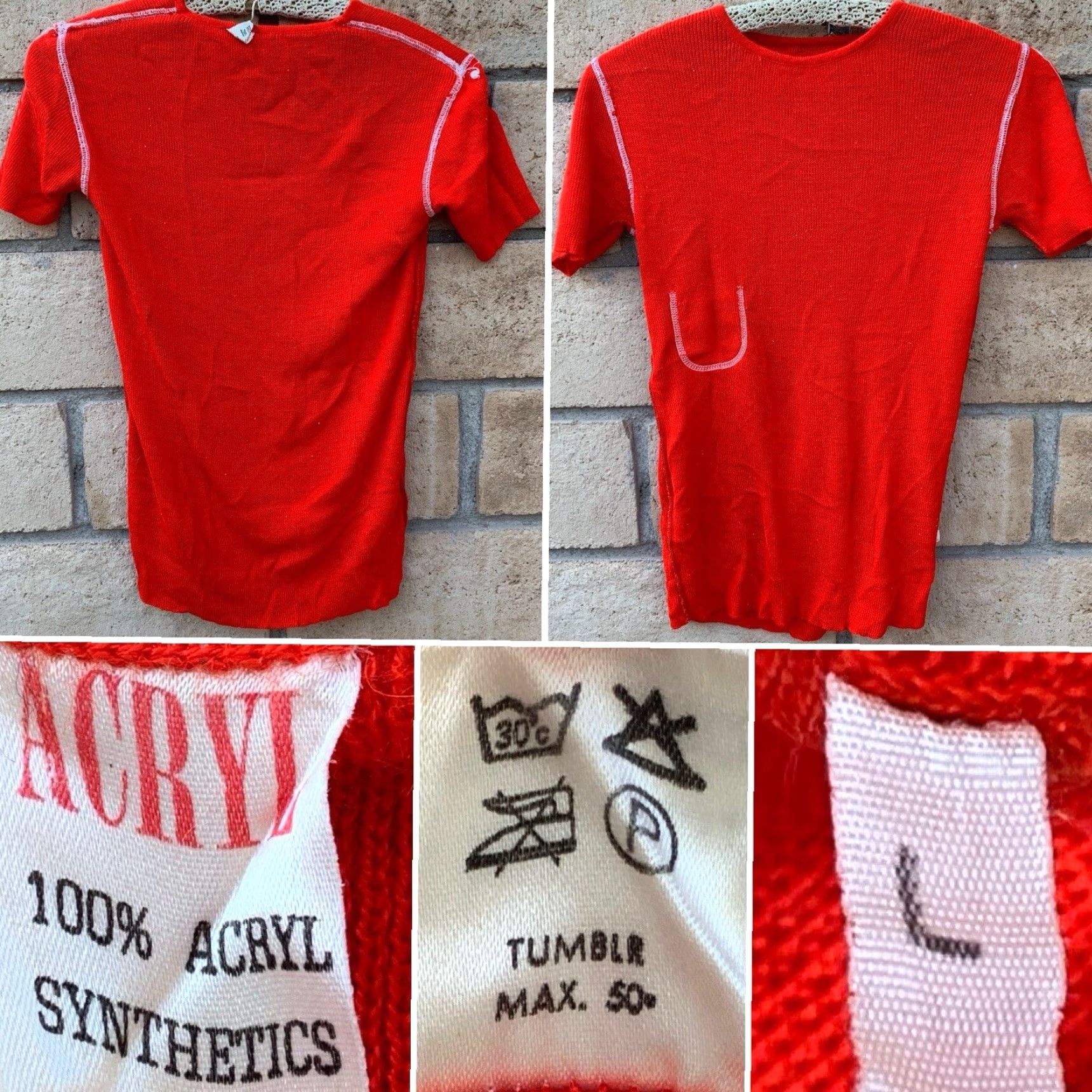 Vintage VINTAGE Acryl Pocket Tee T Shirt Red Slim Fitted Size L Unisex Adults Short Sleeve Knit Acrylic 1960s 1980s Mens Womens Boys Girls Size US L / EU 52-54 / 3 - 7 Thumbnail