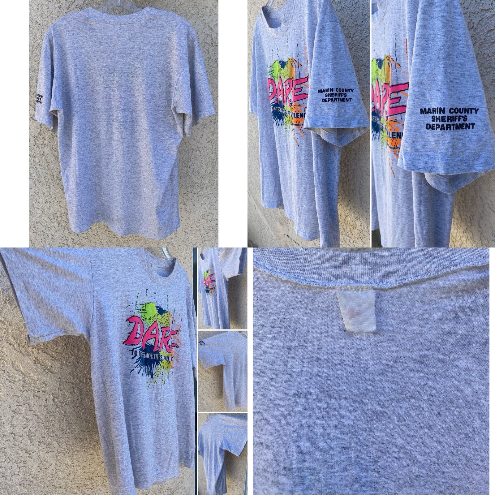 Fruit Of The Loom VINTAGE Fruit of the Loom T-Shirt DARE 1994 Gray Neon Marin County Sheriff XL Men Graphic Tee 1990s Size US XL / EU 56 / 4 - 9 Thumbnail