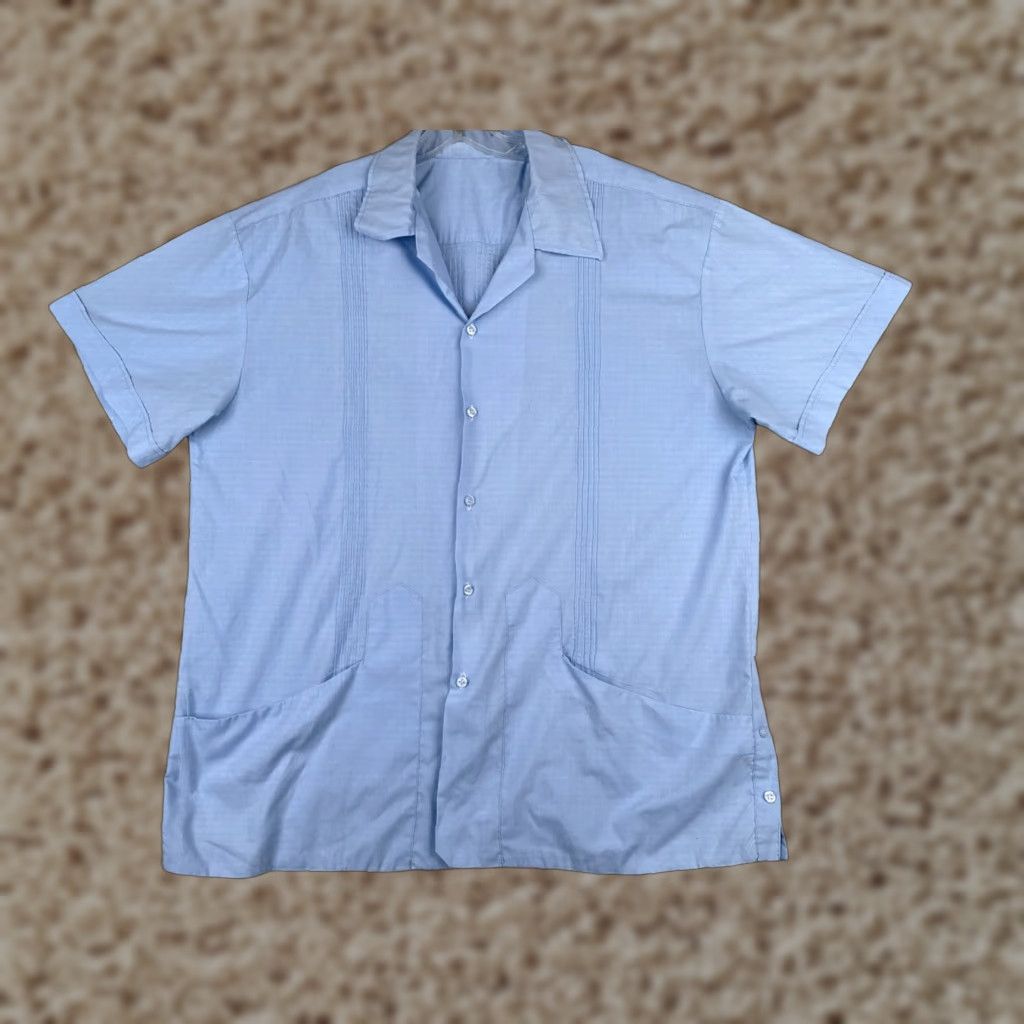 Vintage Guayabera Shirt Men XL Blue Button-Up Short Sleeve Polyester Blend Embroidered Aloha Beach Hawaiian Vacation Resort Shirt Mens Size US XL / EU 56 / 4 - 1 Thumbnail