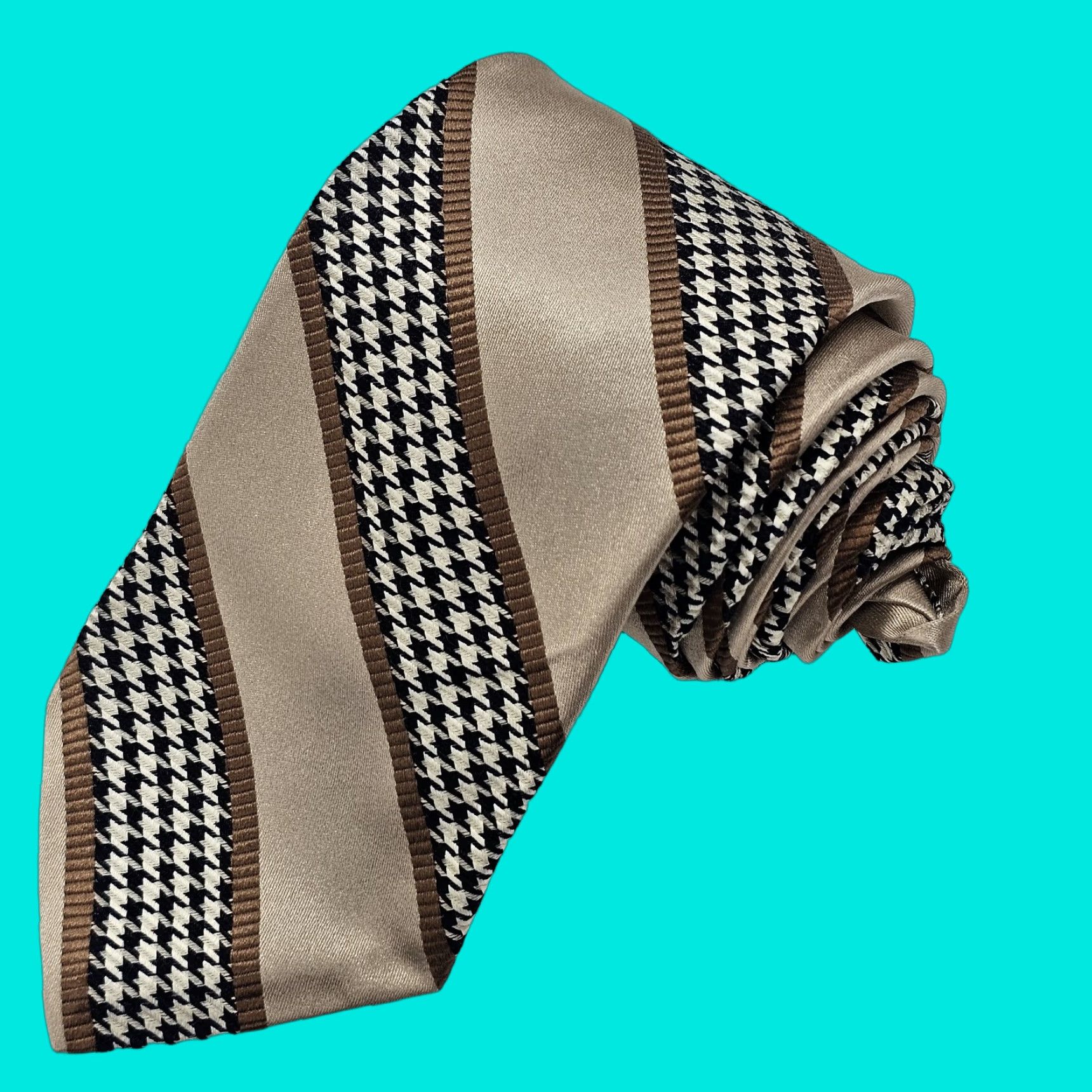 IKE BEHAR Necktie Silk Men's 59X3.75 Brown & Black Striped Houndstooth Tie USA Tie Mens Classic Brown Silk 59
