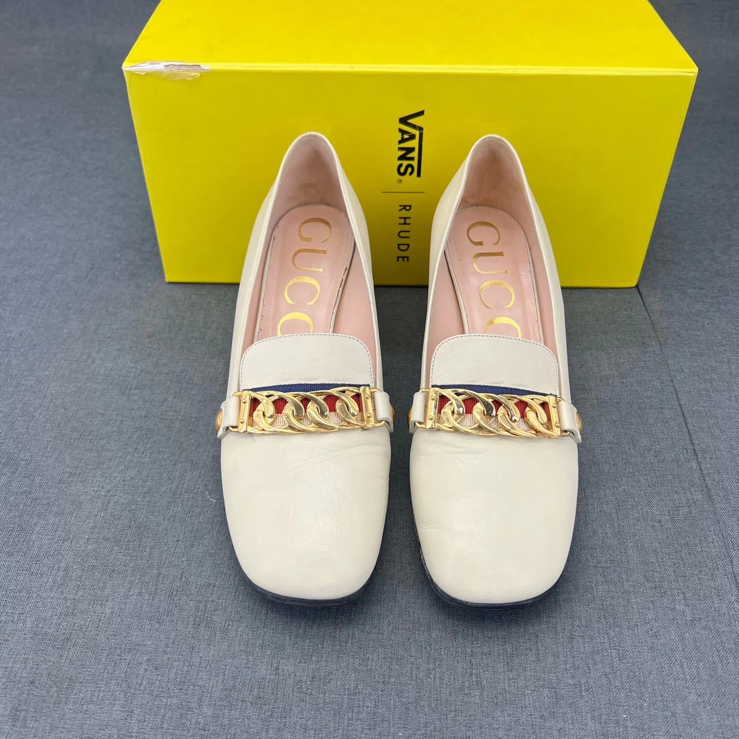 Gucci Gucci Sylvie Beige Leather Block Heel Women's Mint 37.5 Size US 6.5 / IT 36.5 - 6 Thumbnail