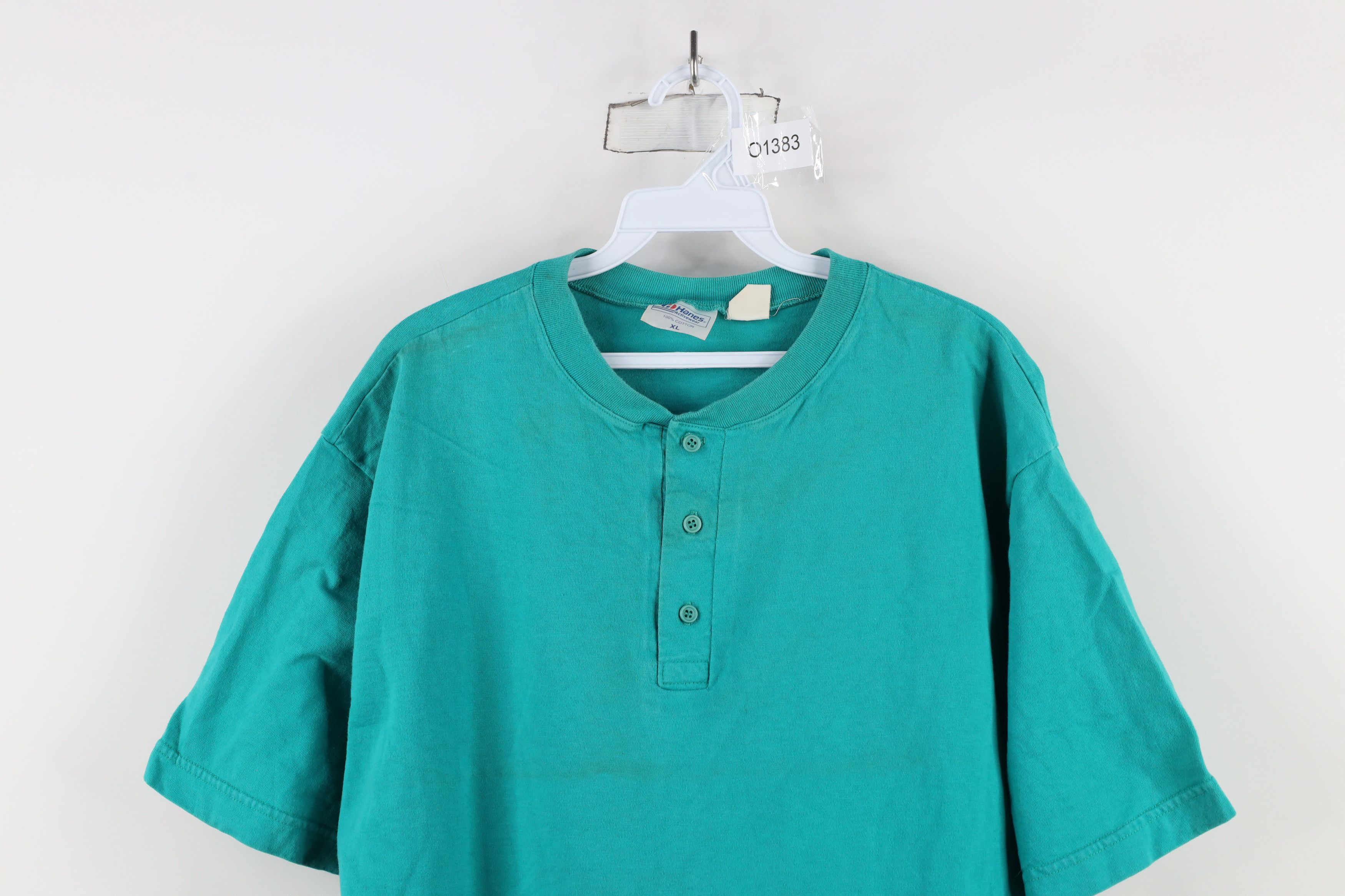 Hanes × Vintage Vintage 80s 90s Hanes Blank Cotton Henley T-Shirt Teal Size US XL / EU 56 / 4 - 2 Thumbnail