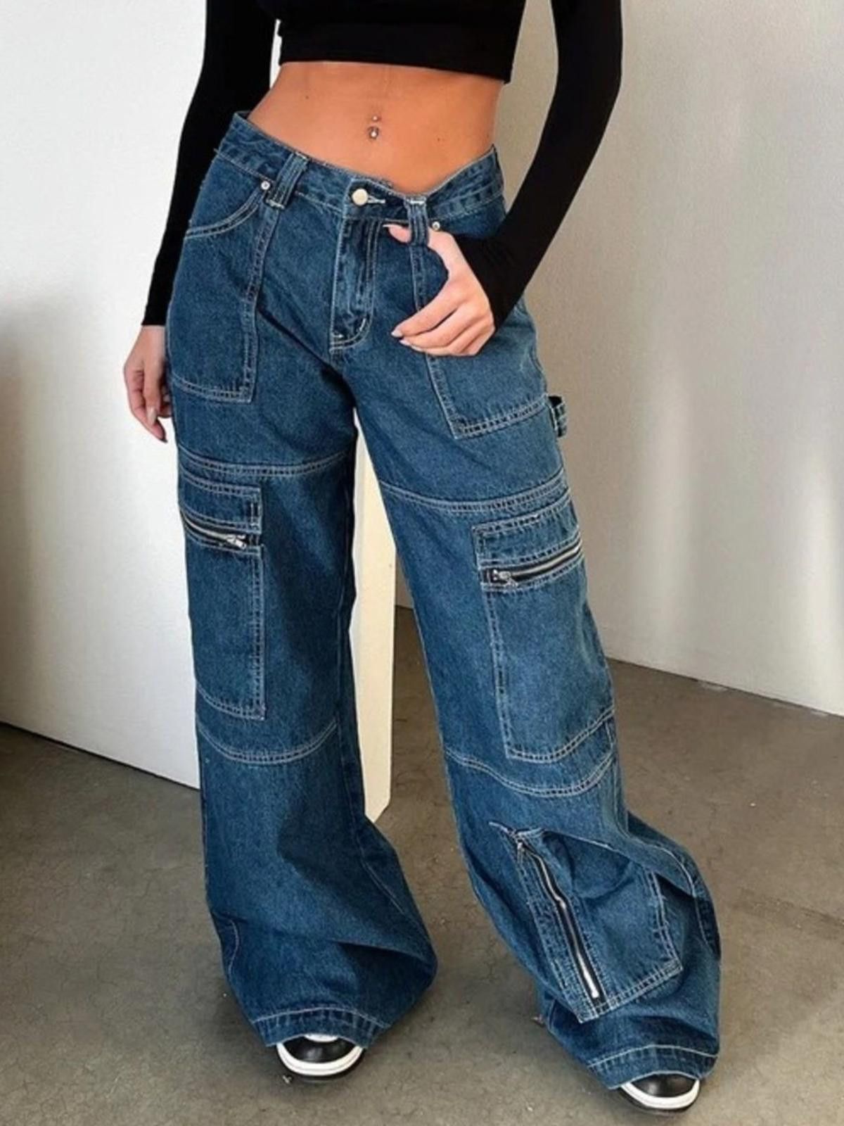 Other Wide Leg Dark Blue Denim Cargo Jeans Zipper Pockets S,M,L,XL Size 32" / US 10 / IT 46 - 4 Thumbnail