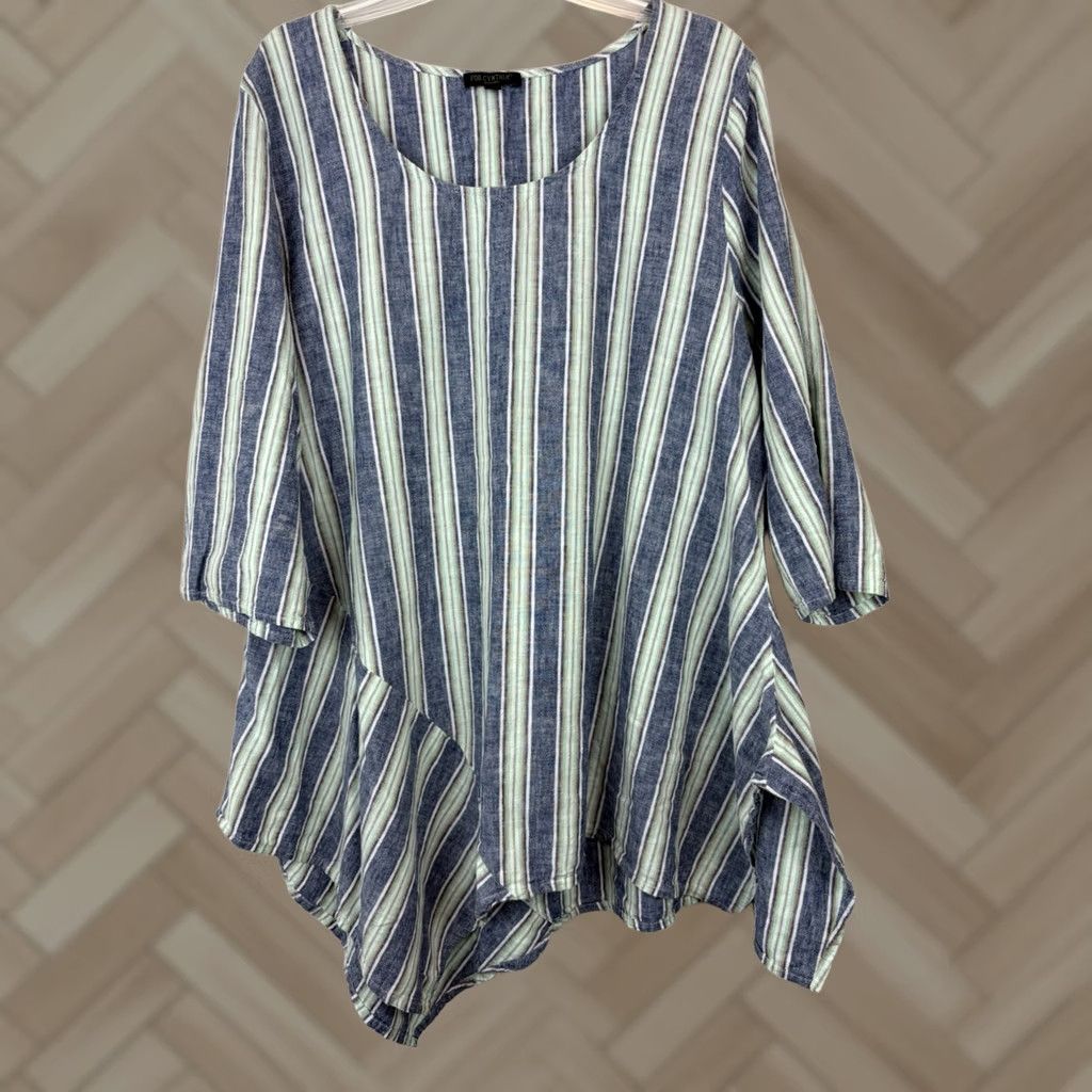 Vintage Coastal Lagenlook Beach Tunic Top Shirt Womens 2X Striped Asymetrical Blue Linen Size XXL / US 16-18 / IT 52-54 - 1 Thumbnail