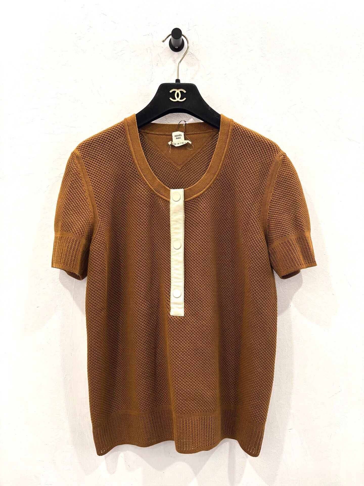 Hermes Hermes Brown Mesh Stripe Logo Tee Size S / US 4 / IT 40 - 1 Thumbnail