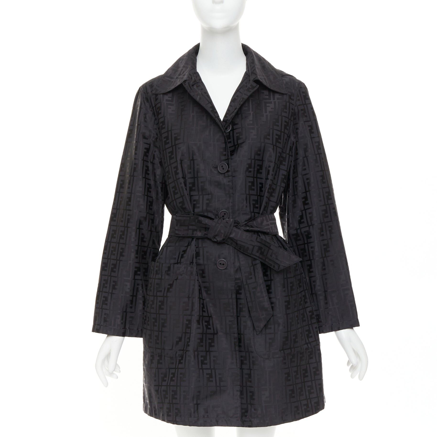Fendi FENDI 1990s Vintage black cotton nylon FF Zucca monogram belted trench coat IT40 S Size S / US 4 / IT 40 - 1 Thumbnail