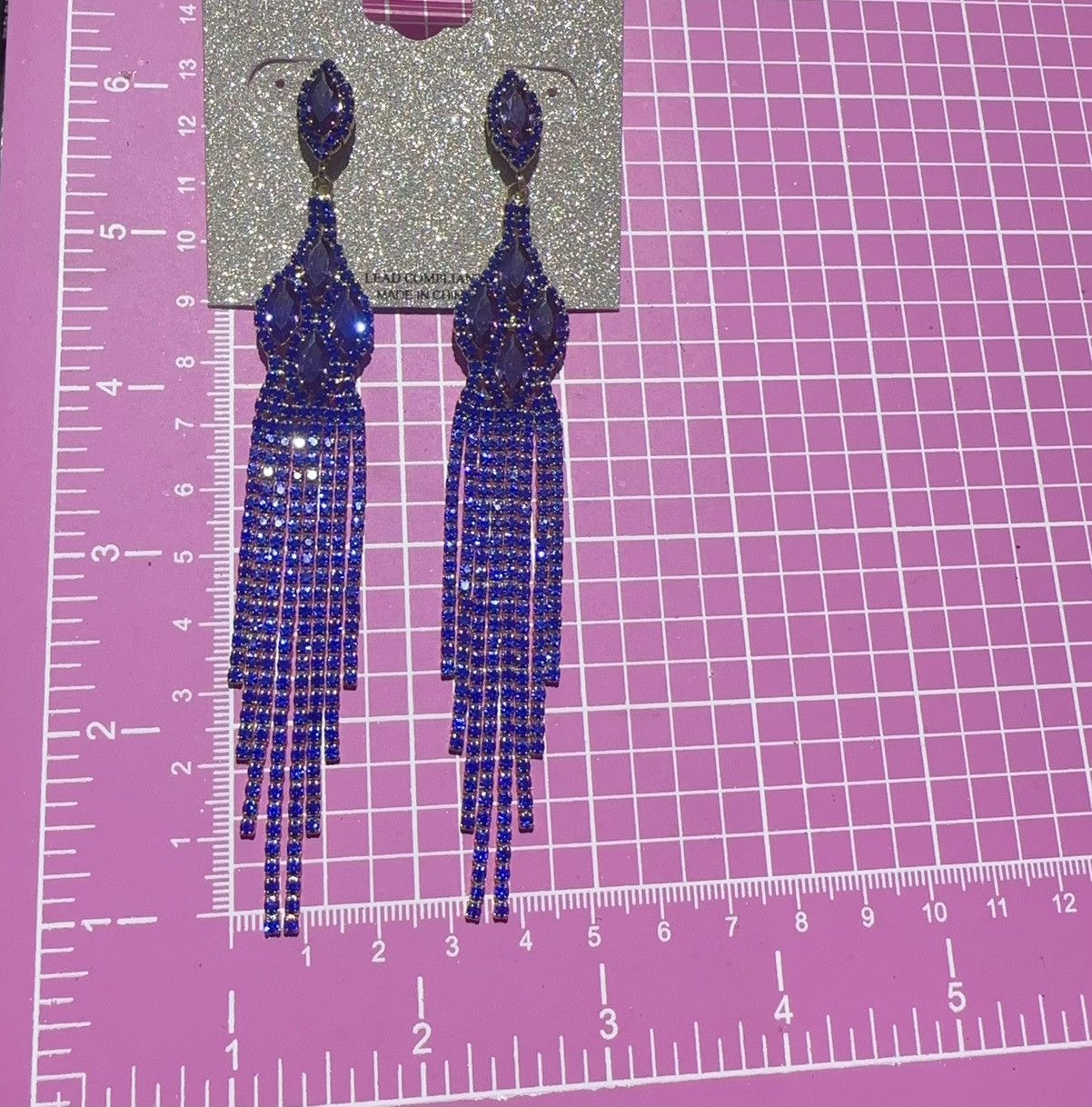 Designer Natasha gold tone dark blue crystal tassel earrings drops Size ONE SIZE - 2 Thumbnail