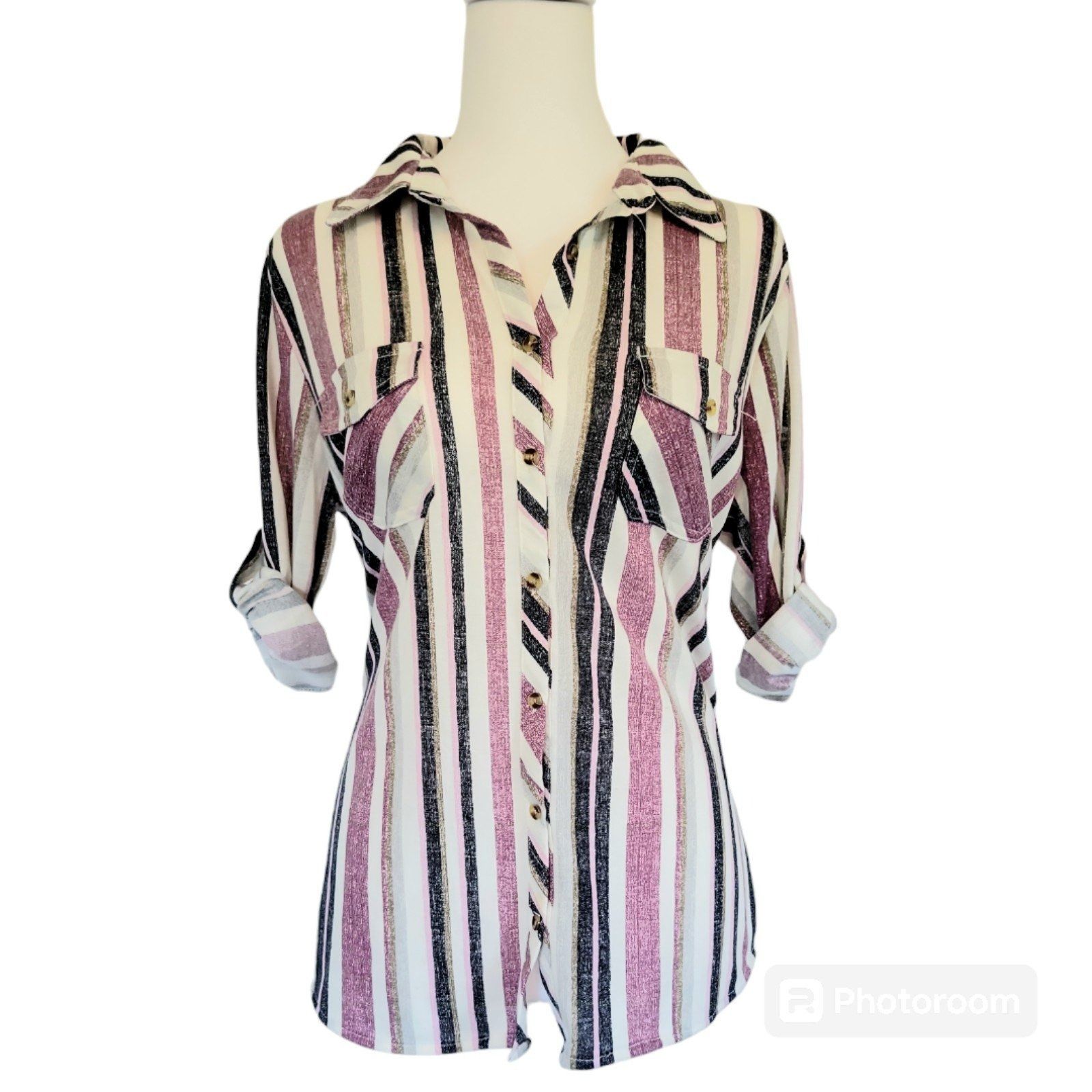 Other Womens M eden & Olivia purple striped 3/4 sleeve button tab Size M / US 6-8 / IT 42-44 - 1 Thumbnail