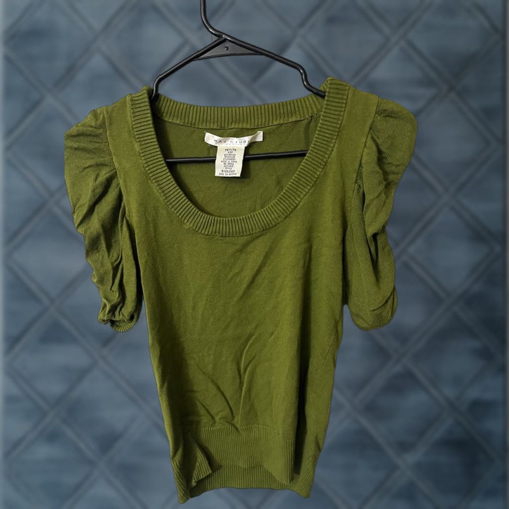 Vintage Max Studio Blouse Womens Petites PXS Green Knit Puff Sleeve Short Sleeve Size XS / US 0-2 / IT 36-38 - 1 Thumbnail