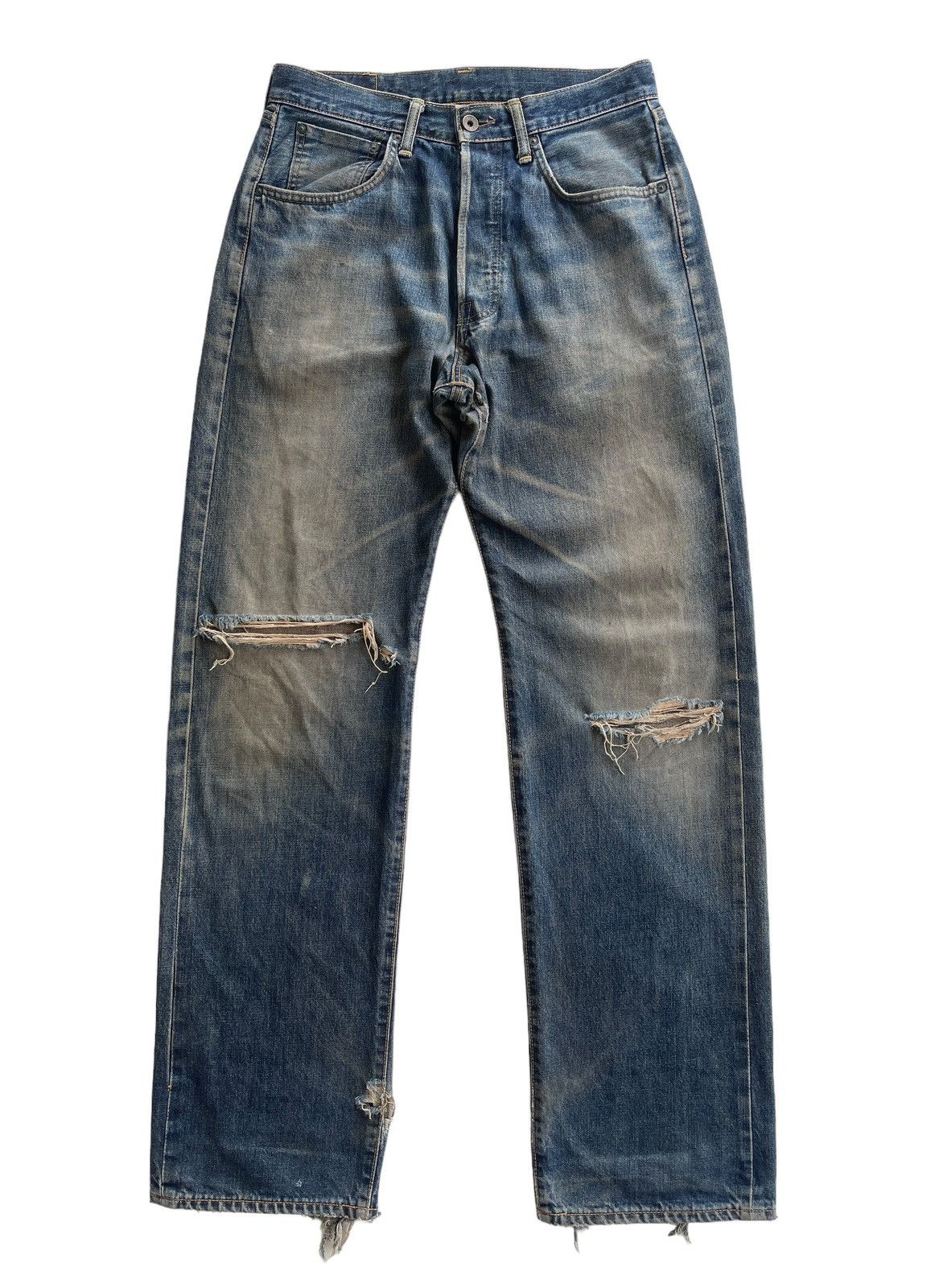 image of Distressed Denim x Edwin Vintage Edwin 505 Distressed Selvedge Mudd Jeans in Dark Blue Denim (Size 