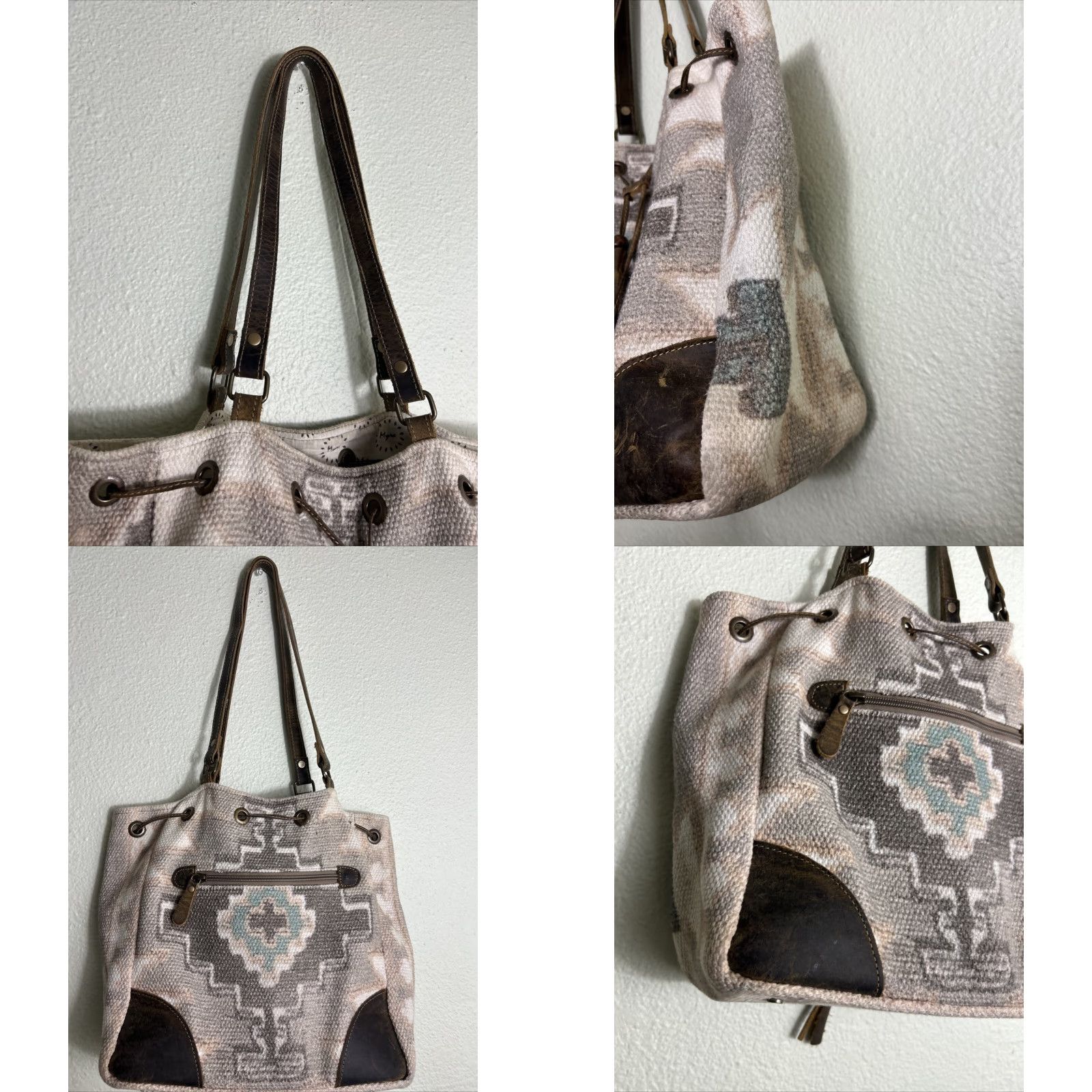 Vintage VINTAGE Myra Cinch Tote Large Beige Aztec Southwest Bag - Double Handles Women 12x11x5.5 Size ONE SIZE - 8 Thumbnail