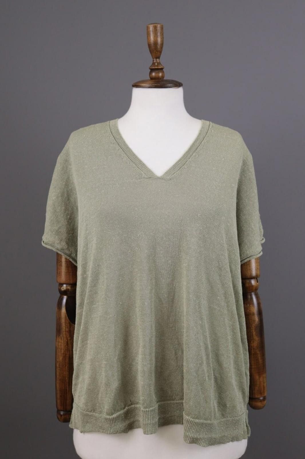 Oscar De La Renta Oska Khaki Linen V-Neck Crochet Knit Top Shirt Size 2 / M Size XS / US 0-2 / IT 36-38 - 1 Thumbnail