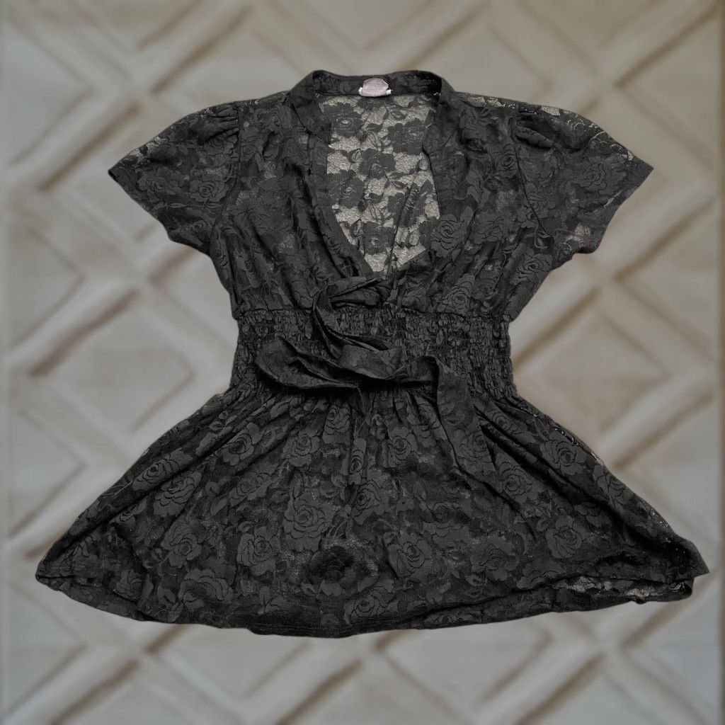Vintage Eyeshadow Dress Women A-Line Mini 0 Black Lace Short Sleeve V-Neck Casual Smocked Lightweight Summer Size 25" / US 0 / IT 36 - 1 Thumbnail