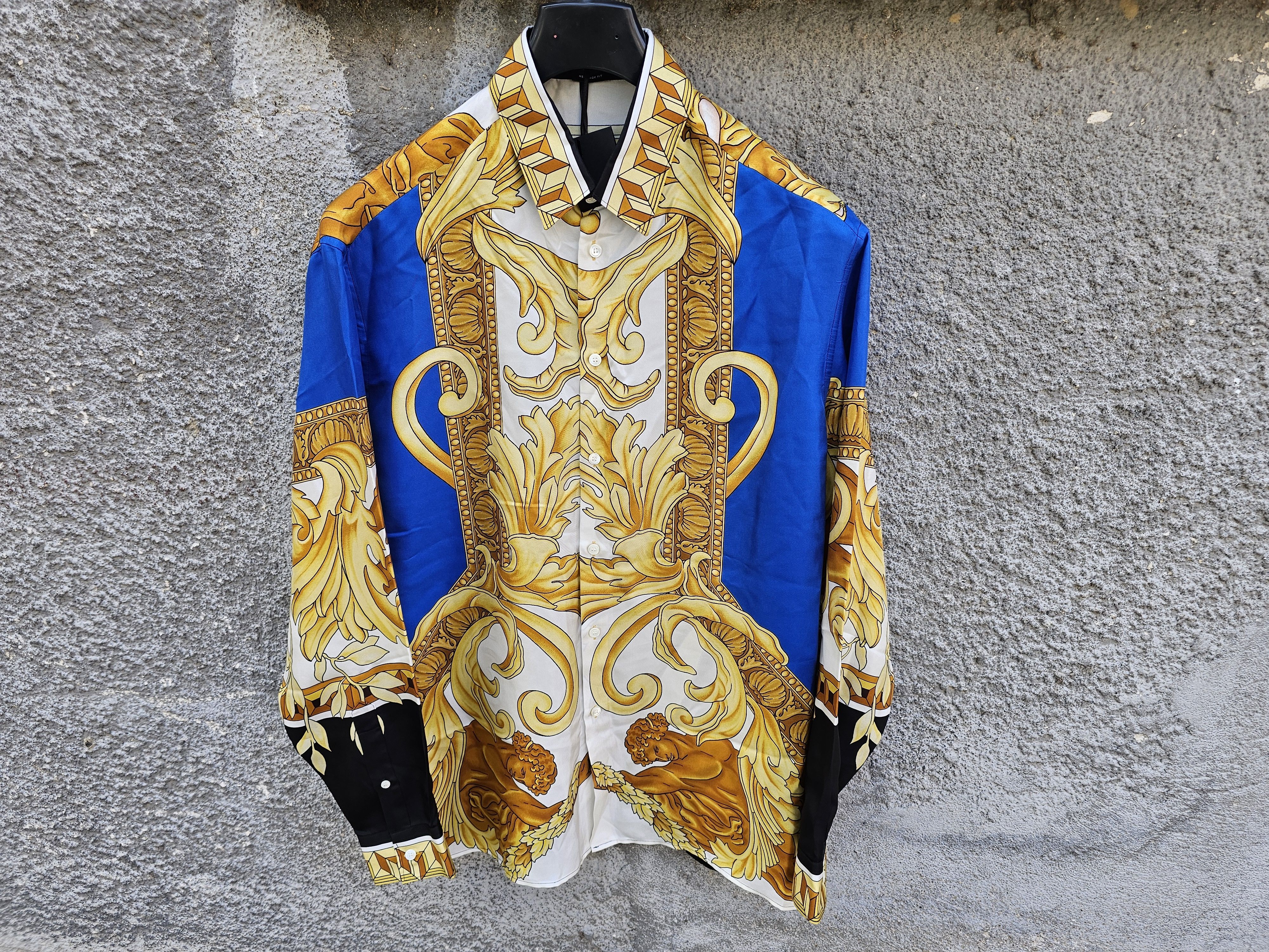 Versace $1350 VERSACE Gold and Blue Floral Baroque Medusa Silk Shirt Size 52L - 1 Thumbnail