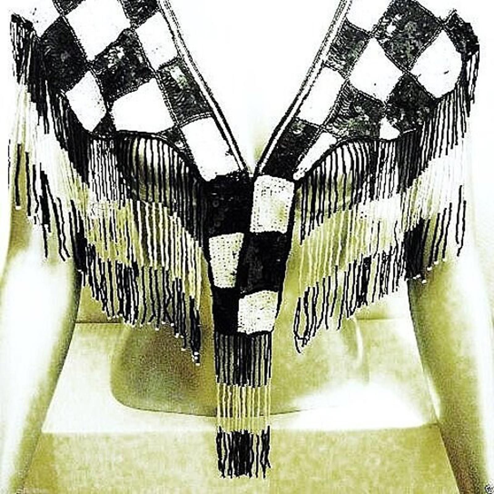 Designer Sequin Scarf Shawl with Fringes Black & White Checkered Size ONE SIZE - 2 Thumbnail
