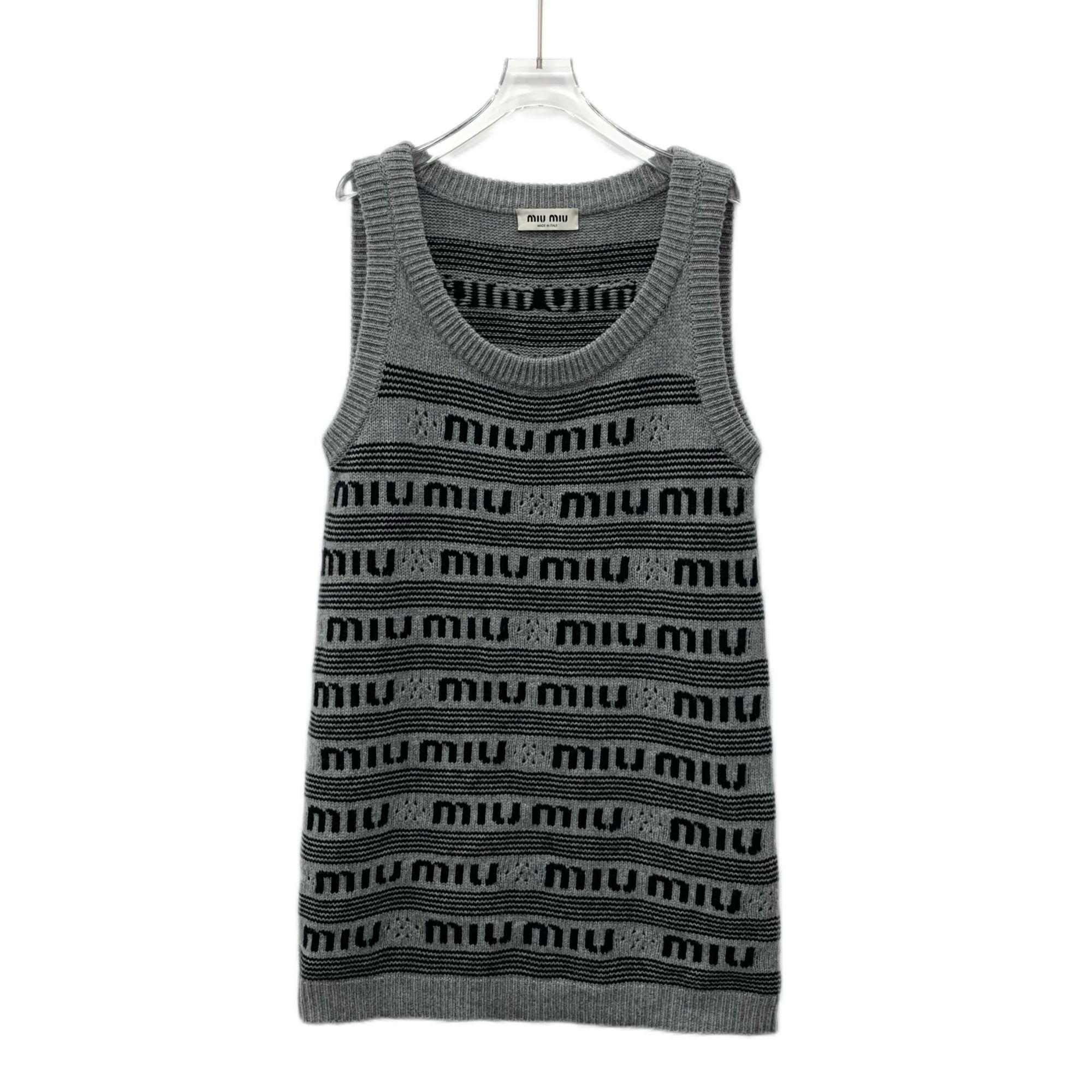 Miu Miu Miu Miu 2022 Dark Grey Logo Stripe Intarsia Cashmere Sleevel Size XS / US 0-2 / IT 36-38 - 9 Thumbnail