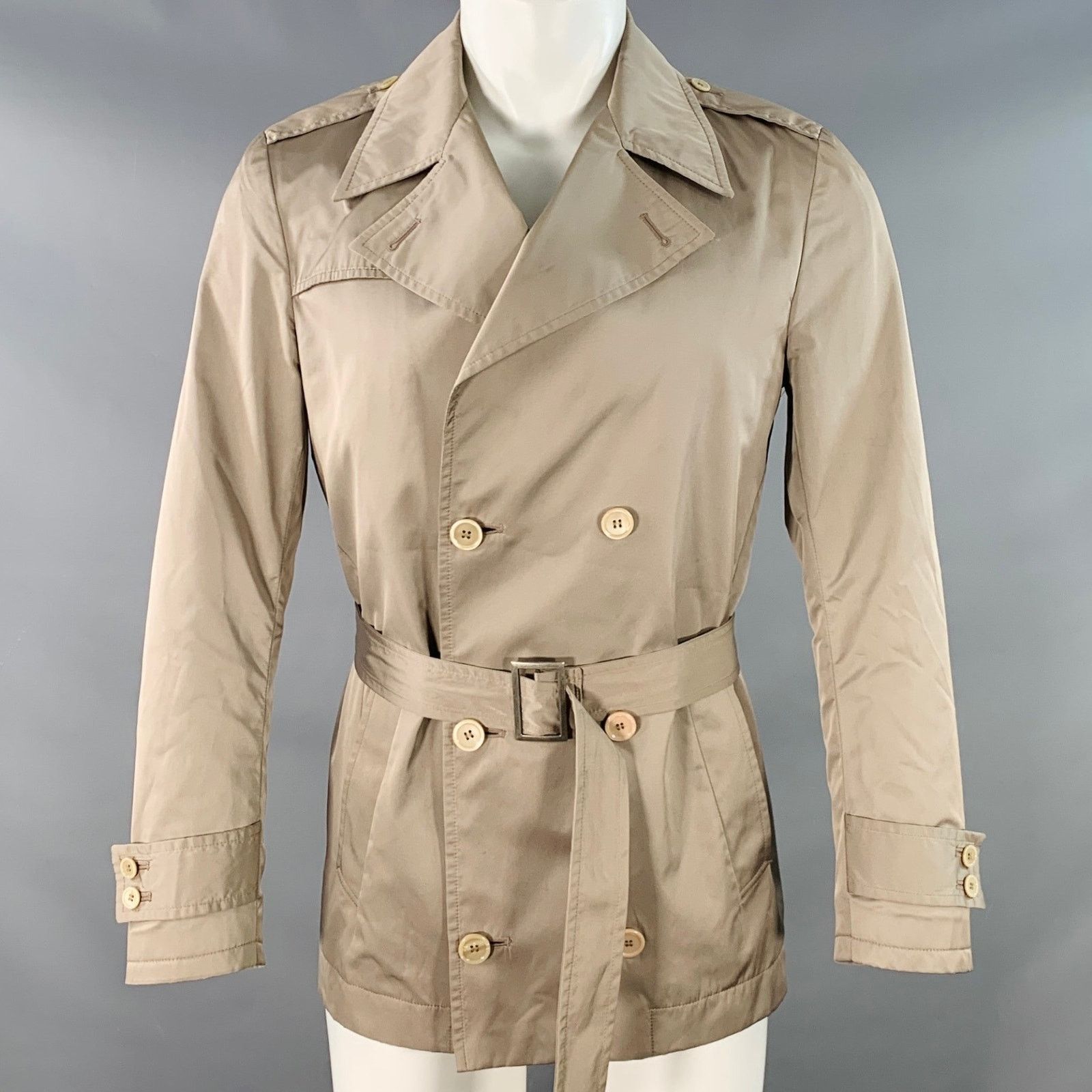 Daniele Alessandrini 38 Khaki Satin Double Breasted Belted Jacket Size US M / EU 48-50 / 2 - 1 Thumbnail