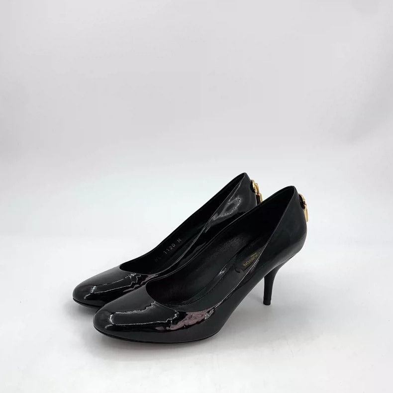 Louis Vuitton Louis Vuitton Black Round Toe Gloss Gold Lock Stiletto Hee Size US 4.5 / IT 34.5 - 1 Thumbnail